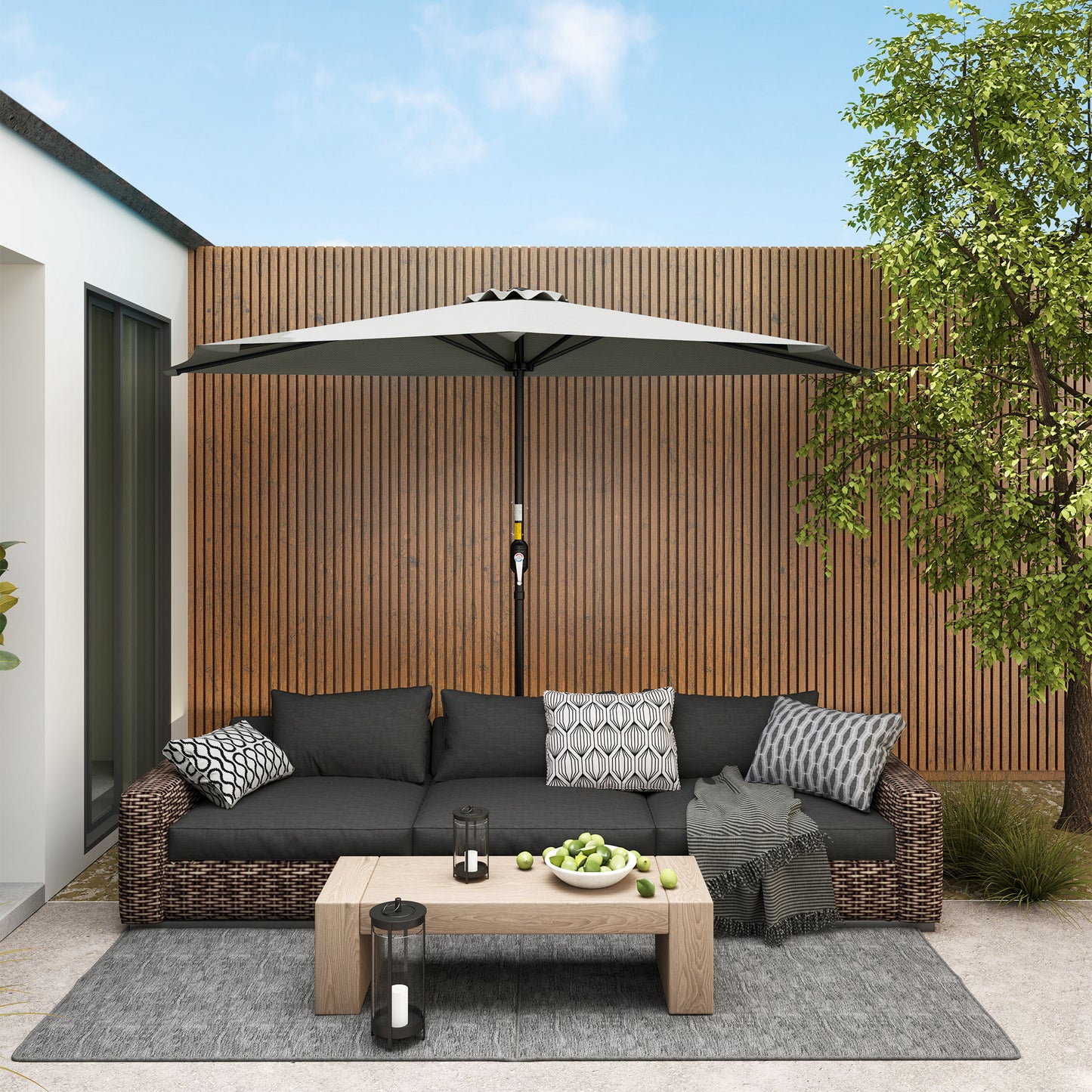 Outsunny Half Round Solar Parasol Umbrella for Balconies and Small Gardens Light Grey