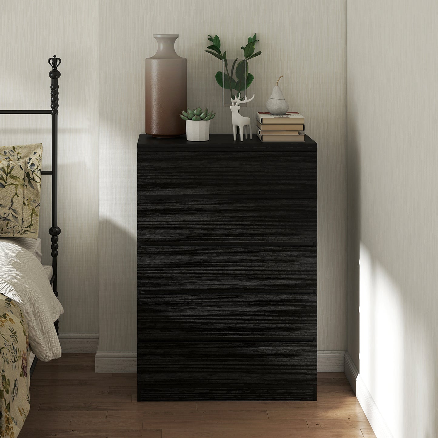 HOMCOM 5 Drawer Chest Of Drawers Modern Black Dresser With Anti Tip Device No Handle Rails For Bedroom Living Room