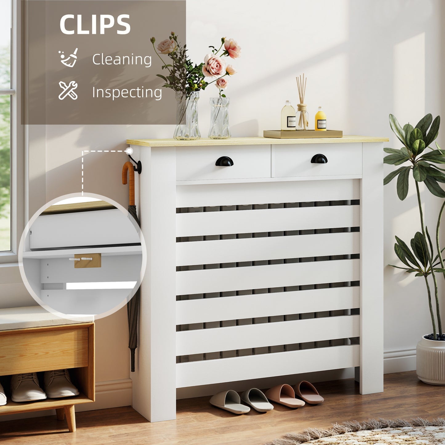 HOMCOM Slim Radiator Cover With Drawer White Slatted Design 95.5 H x 111 W cm MDF and Particle Board
