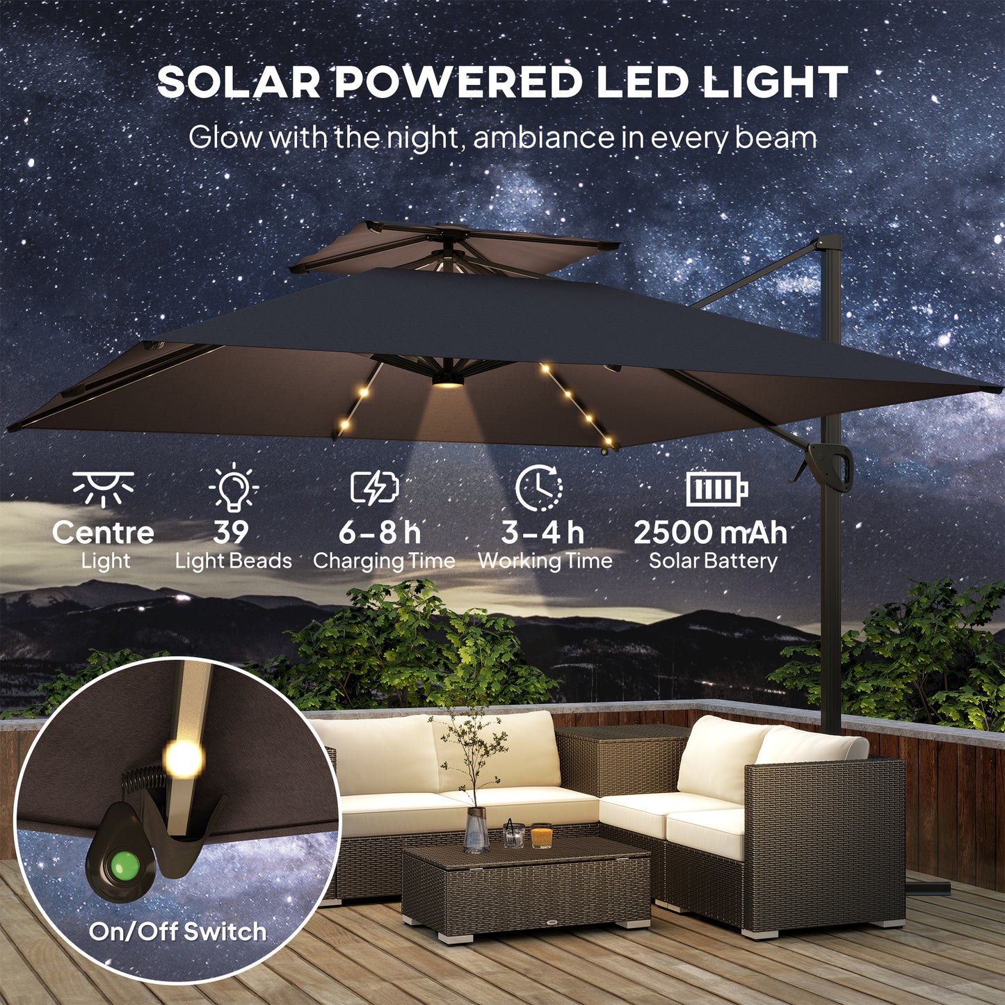 Outsunny Cantilever Parasol With Solar LED Lights Crank Tilt Aluminium Square Patio Umbrella Cross Base UPF50 Grey