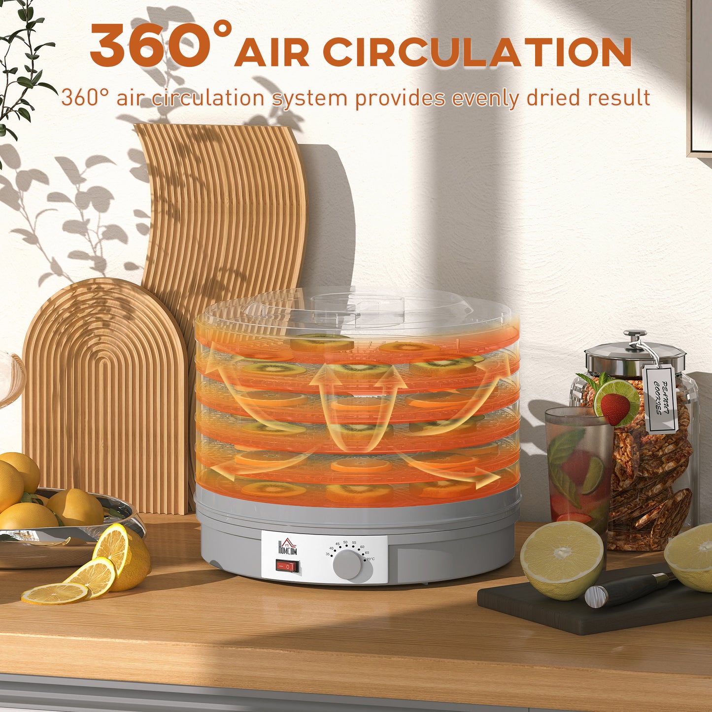 HOMCOM 5-Tier Food Dehydrator 245W With Adjustable Temperature 35 To 70 C For Fruit Meat Veg Jerky And Pet Treats Grey