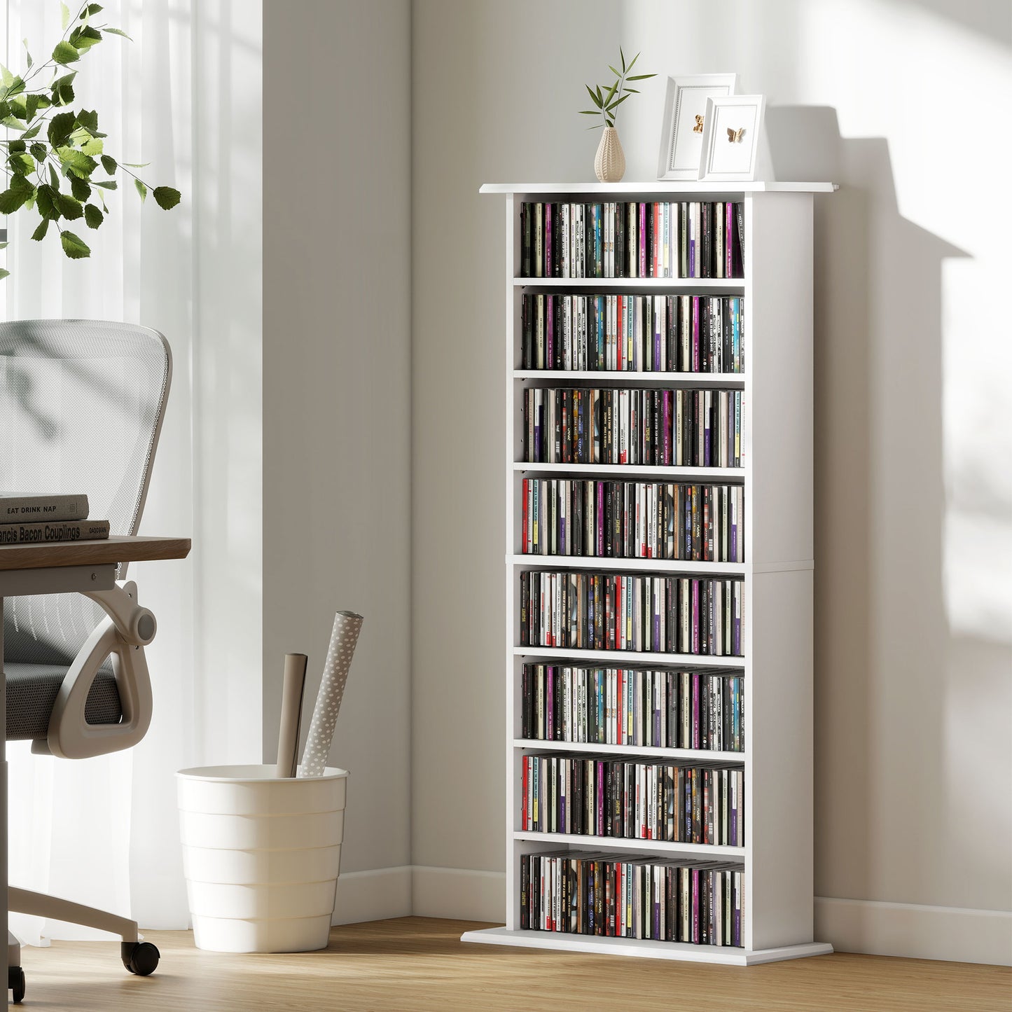 HOMCOM 360 CD Storage Unit White With 8 Shelves Holds 360 CDs Or 185 DVDs Blu Rays Anti Tip Straps For Wall Fixing