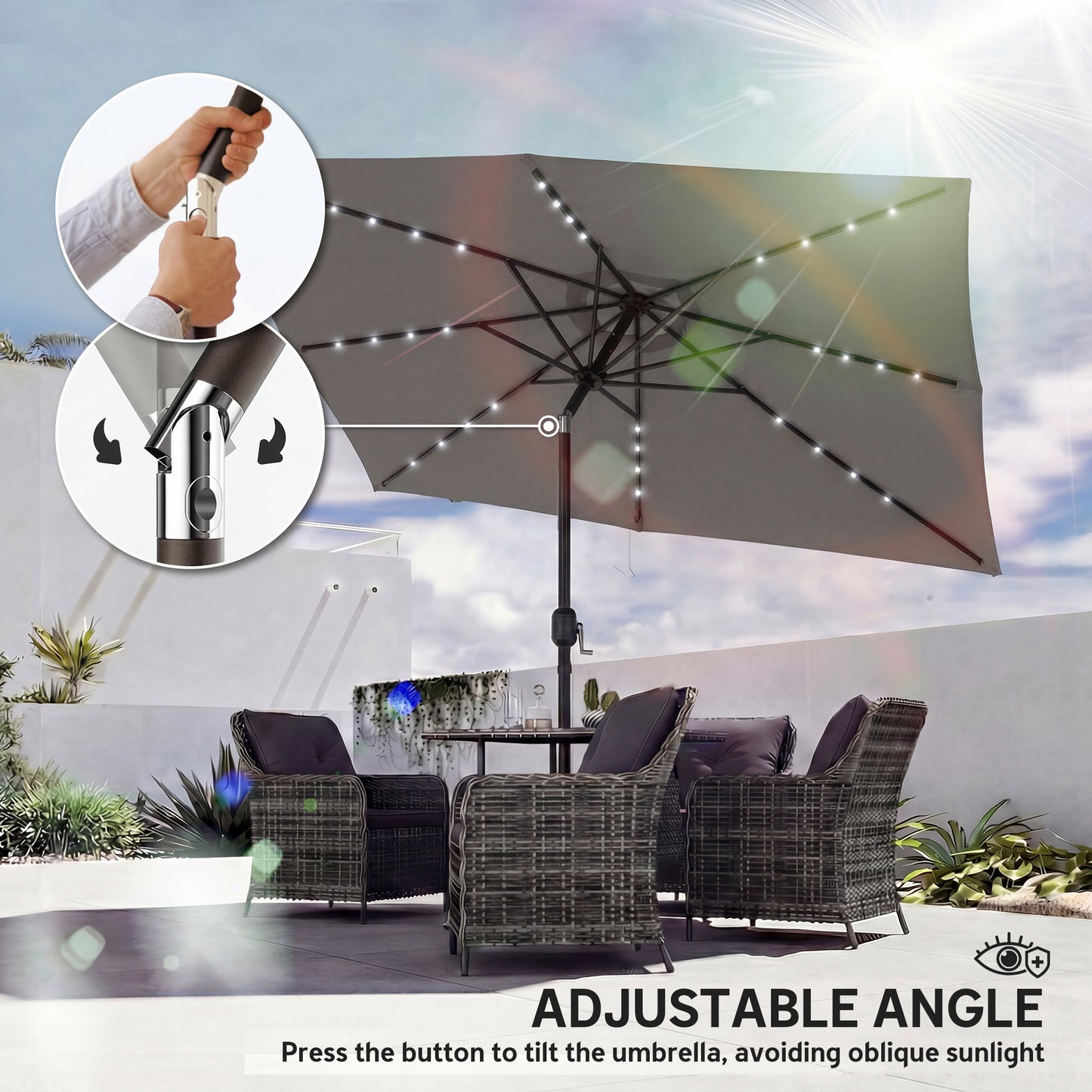 Outsunny 3x2m Garden Parasol Umbrella With LED Solar Light Parasol Cover Outdoor Market Patio Umbrella Dark Grey