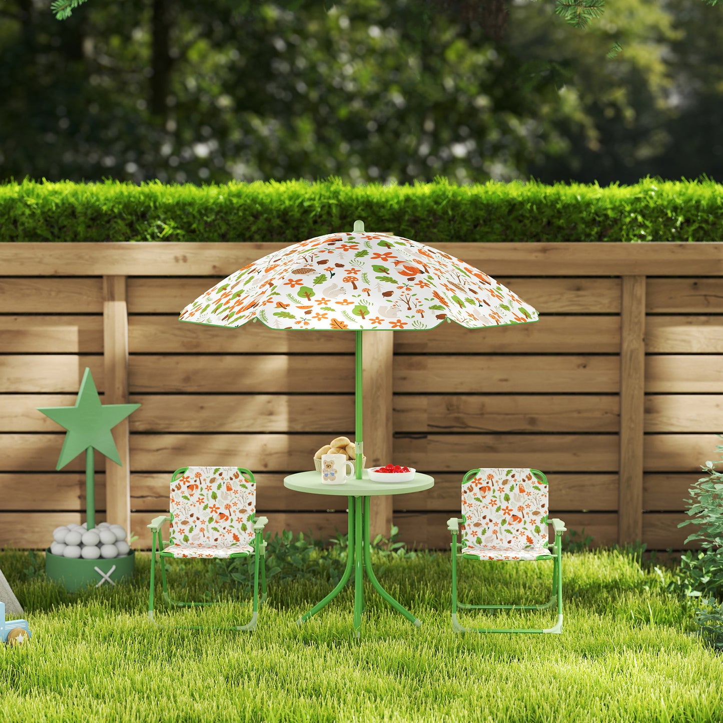 AIYAPLAY 4 Piece Kids Garden Table And Chair Set With Adjustable Parasol Folding Chairs And Table Nature Pattern Green