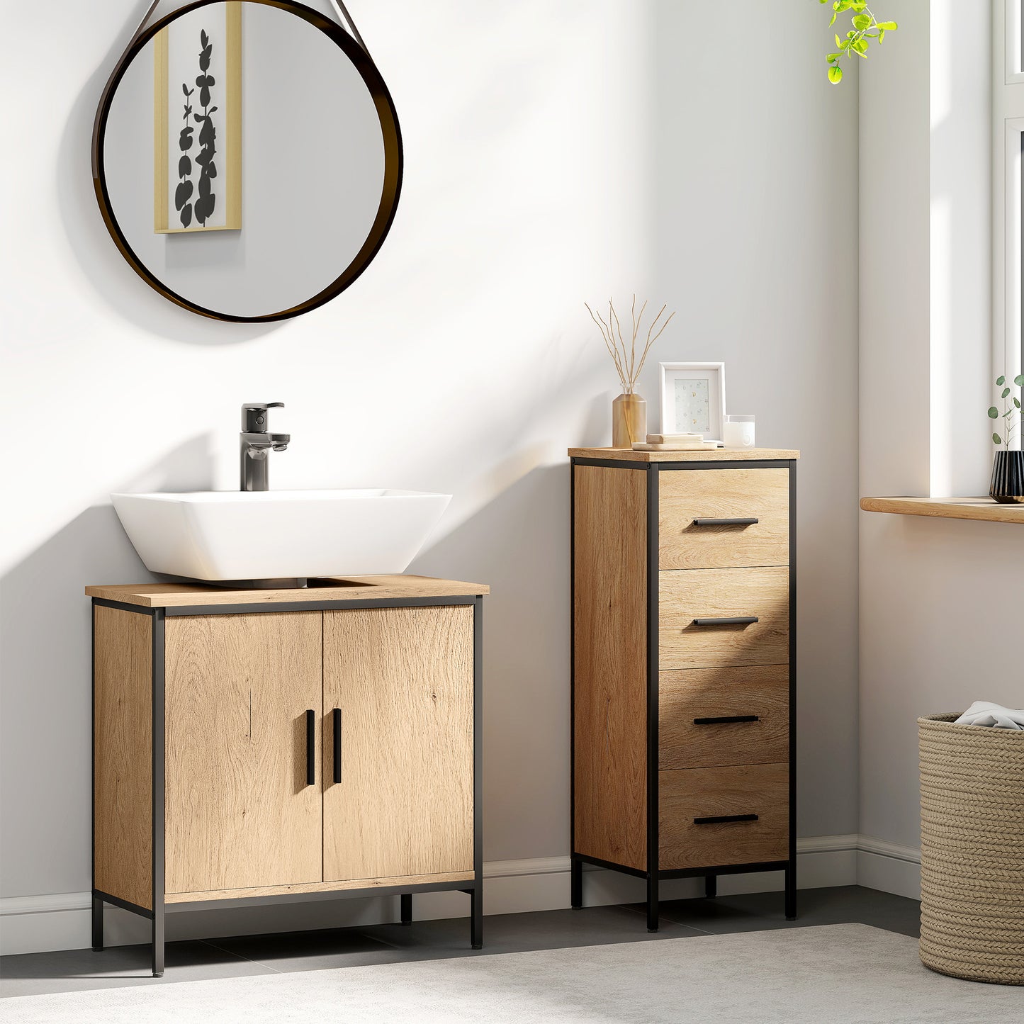 HOMCOM Bathroom Vanity Unit Under Sink Storage Cabinet With Two Doors Adjustable Shelf For Basin Without Pedestal Oak
