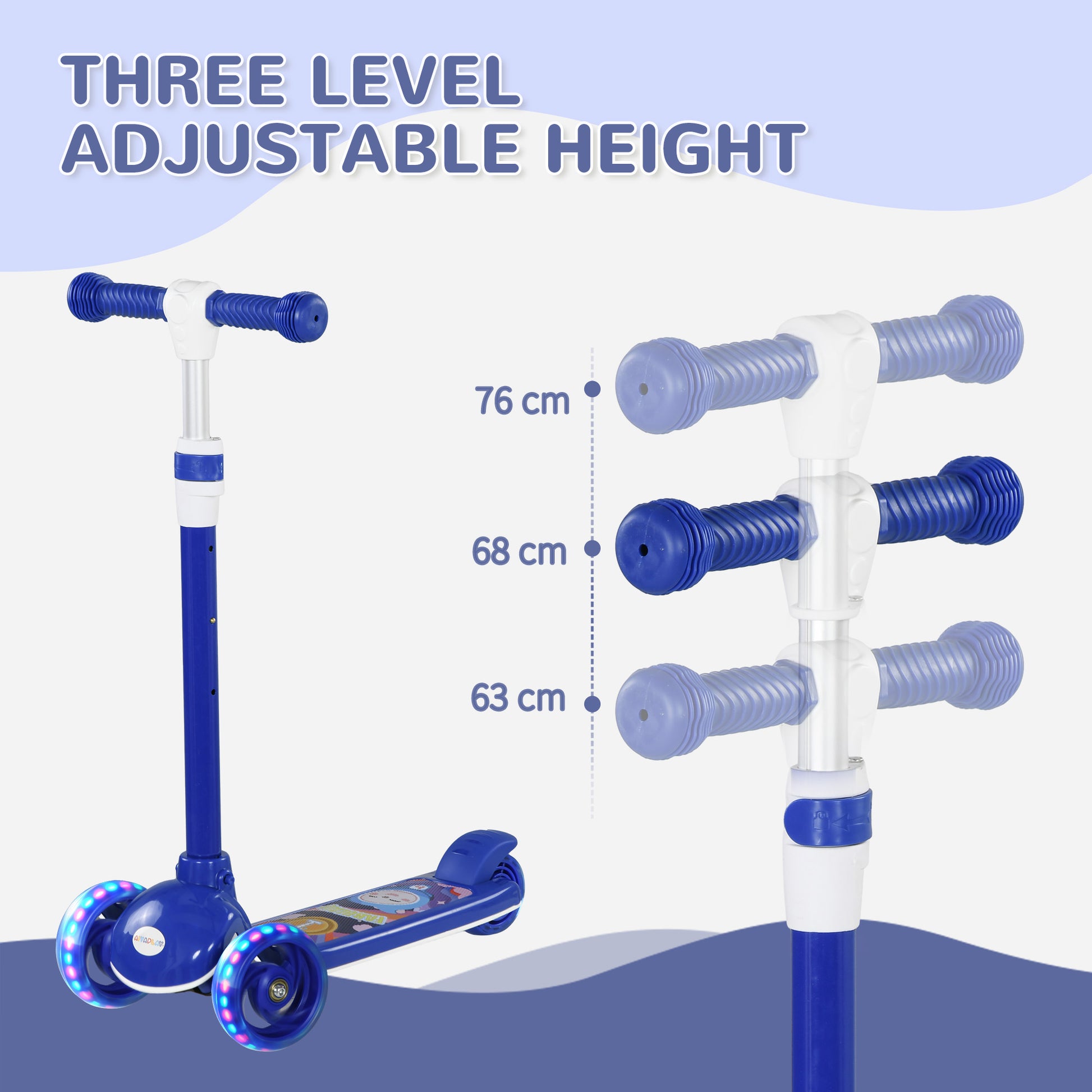 AIYAPLAY Adjustable Height LED Light Kids 3-Wheel Scooter for Ages 2-6, Blue - ALL4U RETAILER LTD