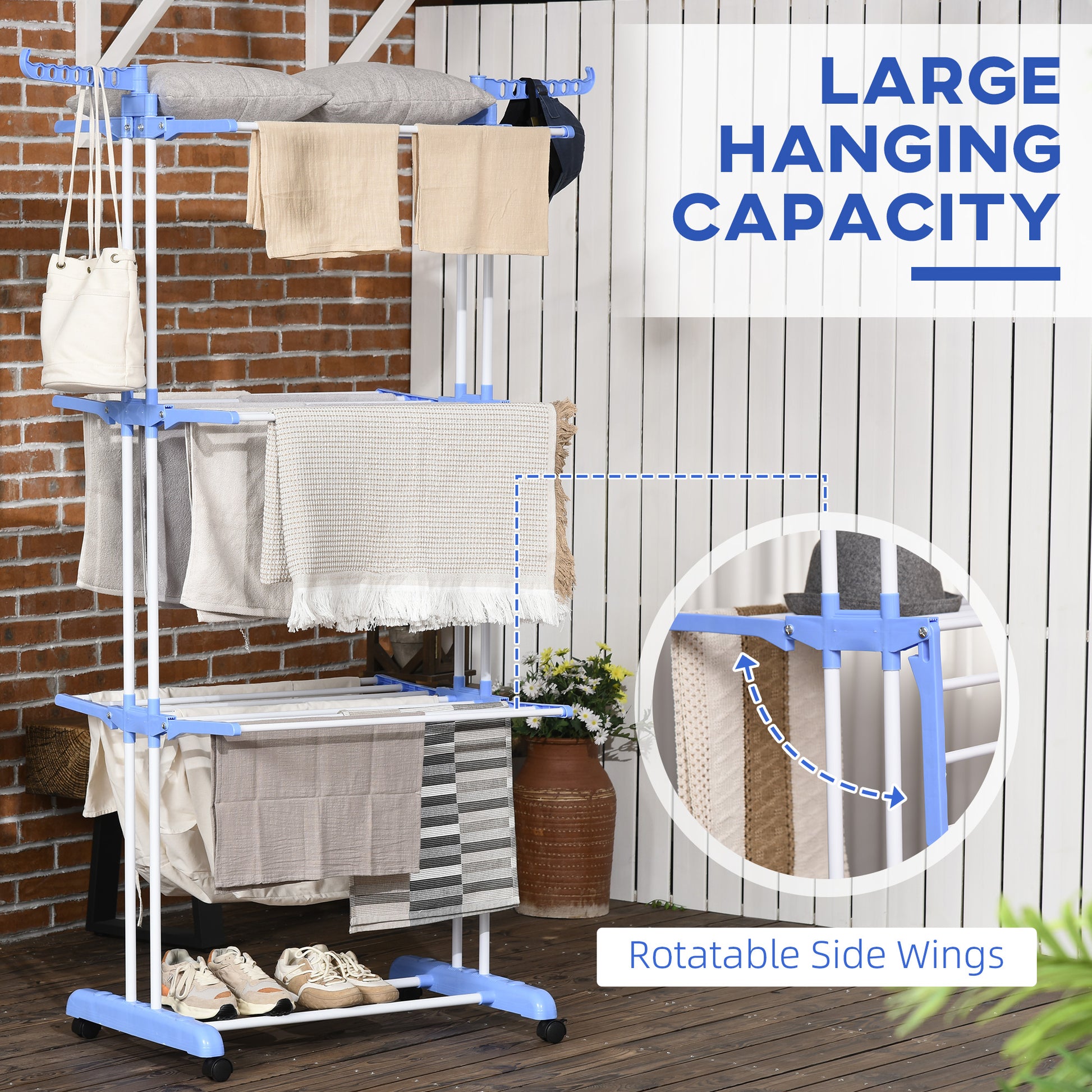 HOMCOM 4-Tier Portable Clothes Drying Rack with Lockable Wheels for Indoor/Outdoor Use - Blue Steel Laundry Organizer - ALL4U RETAILER LTD