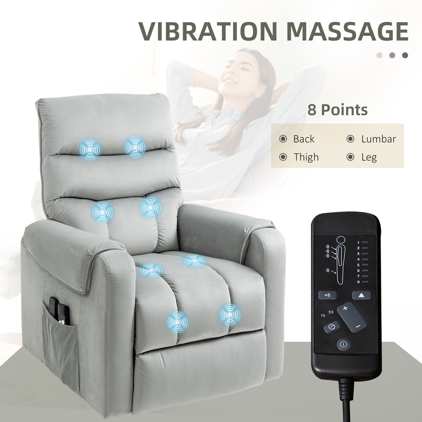 HOMCOM Electric Lift Recliner Chair with Vibration Massage and Remote Control, Grey Velvet Armchair - ALL4U RETAILER LTD