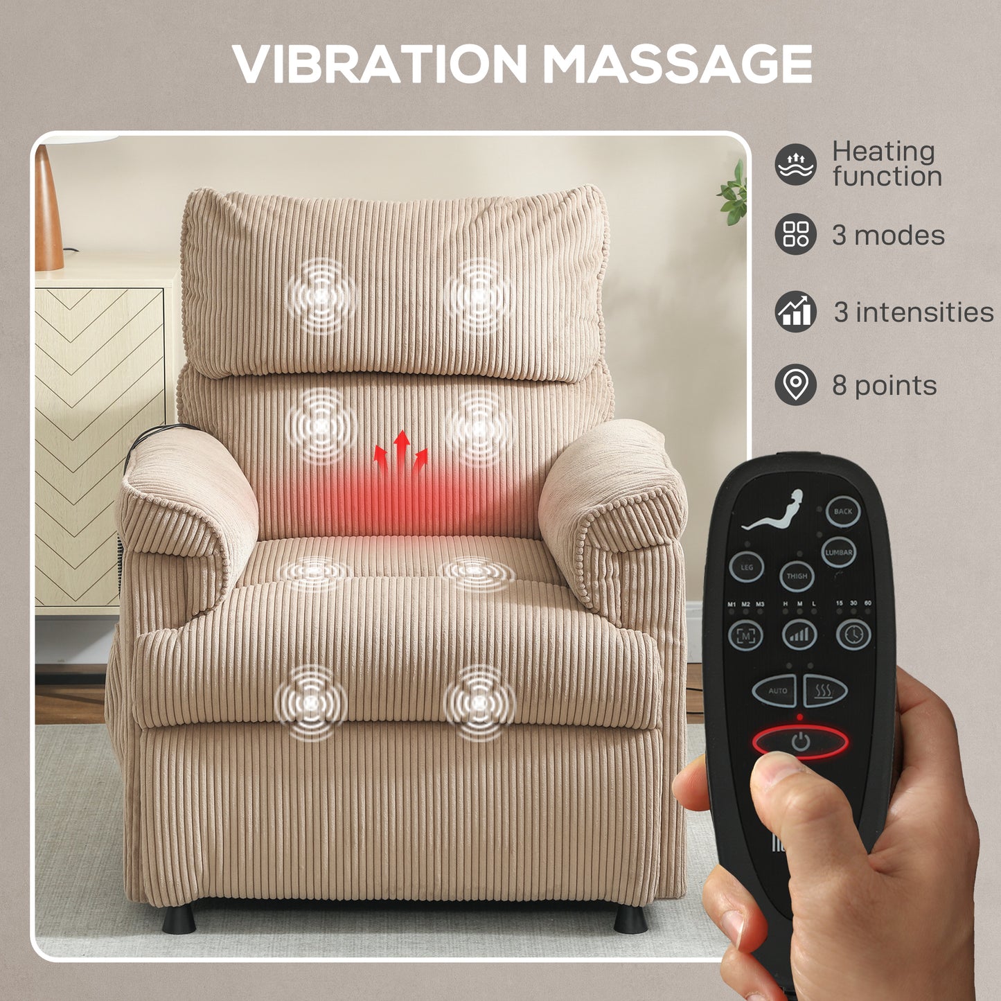 HOMCOM Corduroy Electric Massage Recliner Brown With Heat And Memory Function For Ultra Quiet Comfort