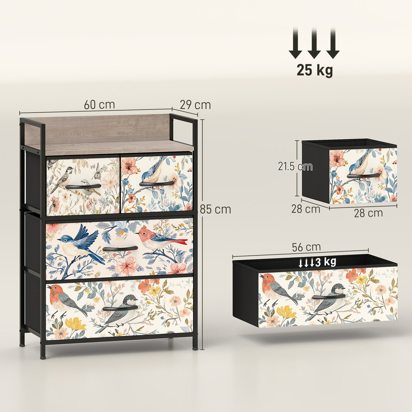 HOMCOM 4 Drawer Chest Of Drawers White With Removable Fabric Drawers And Patterned Panels