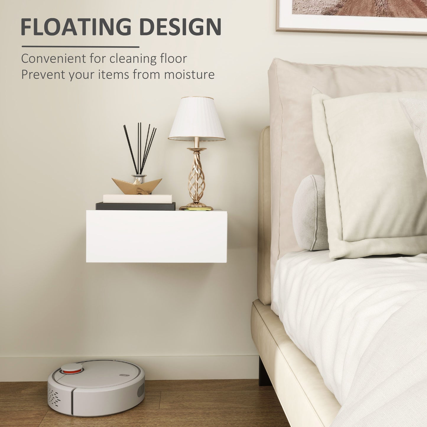 HOMCOM Floating Bedside Table Wall Mounted Nightstand With Storage Drawer White Finish