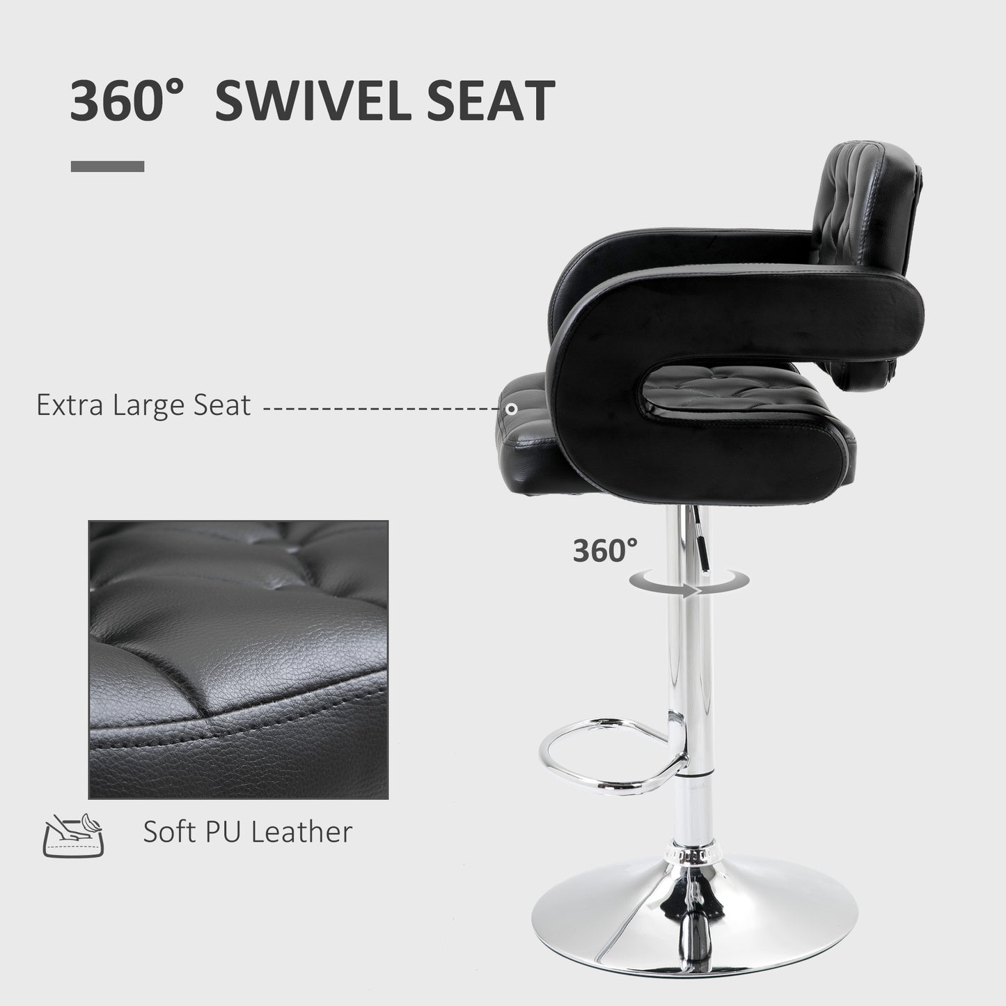 Set Of 2 PU Leather Upholstered Swivel Bar Stools Height Adjustable With Back Armrests And Footrests For Kitchen