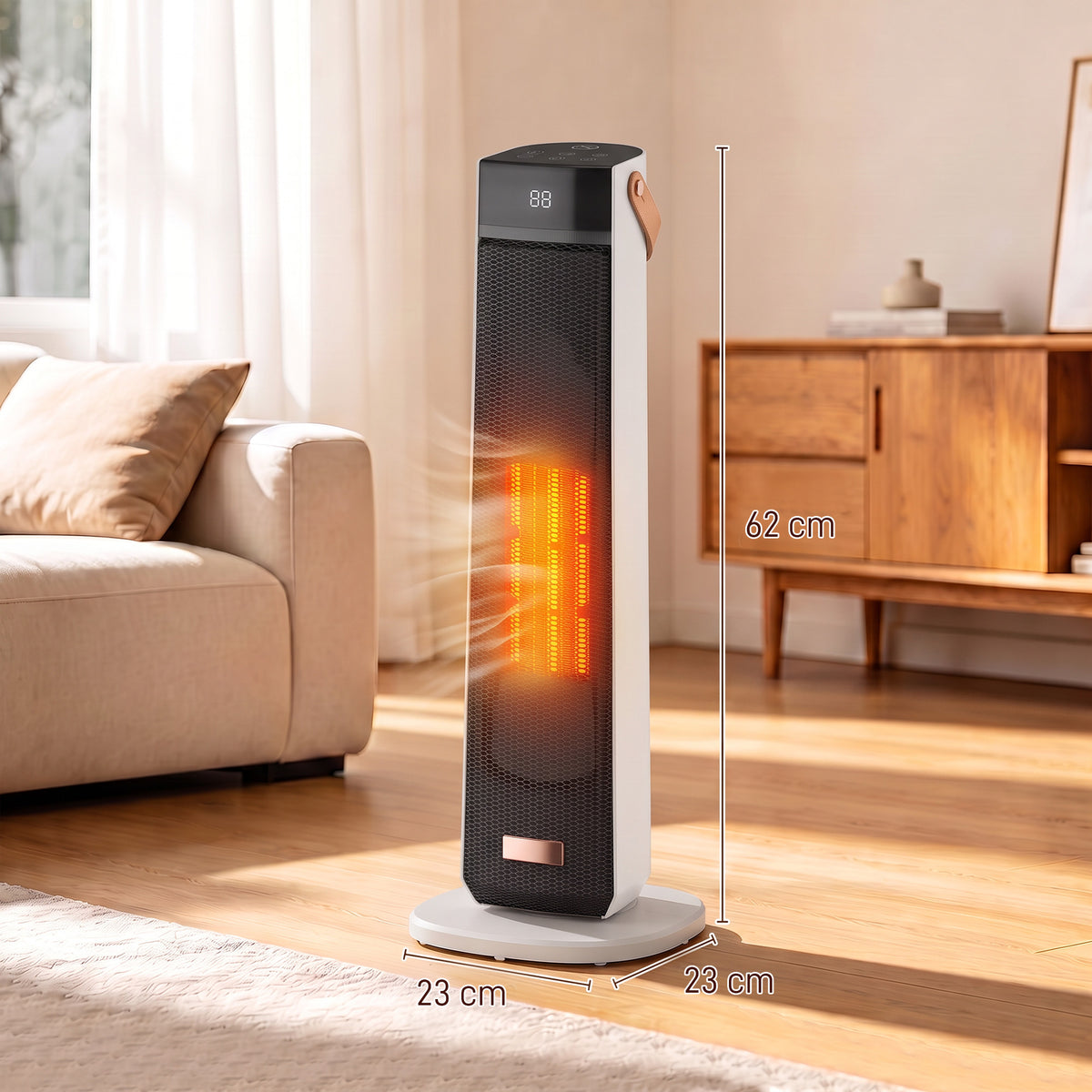 Portable ceramic tower heater with flame-effect glow with height and width indicators