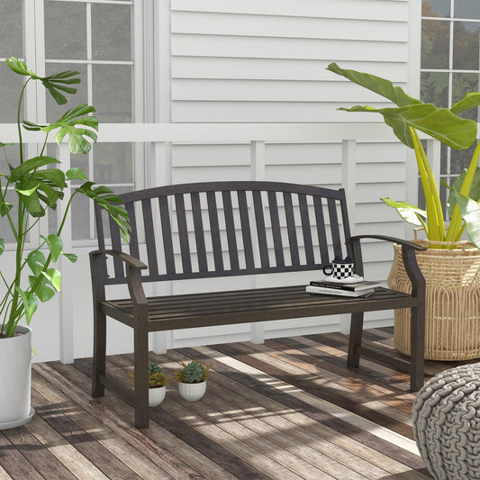 Outsunny Garden Bench, Outdoor Metal Bench with Slatted Seat and Backrest, Curved Armrest, for Conservatory, Garden, Poolside, Deck, Brown - ALL4U RETAILER LTD