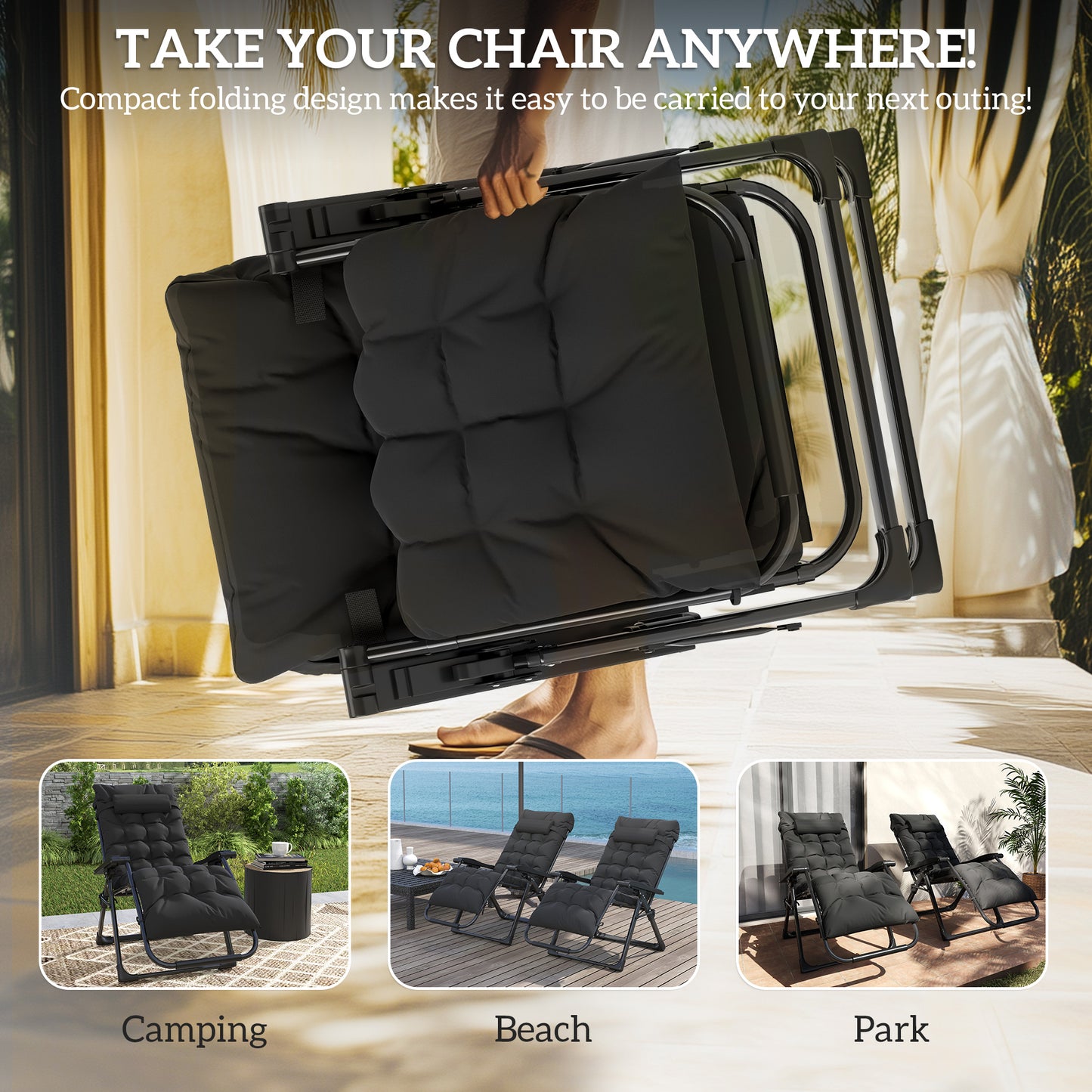 Outsunny 2 Piece Reclining Zero Gravity Sun Loungers With Cushions For Outdoor Patio Deck And Garden Black