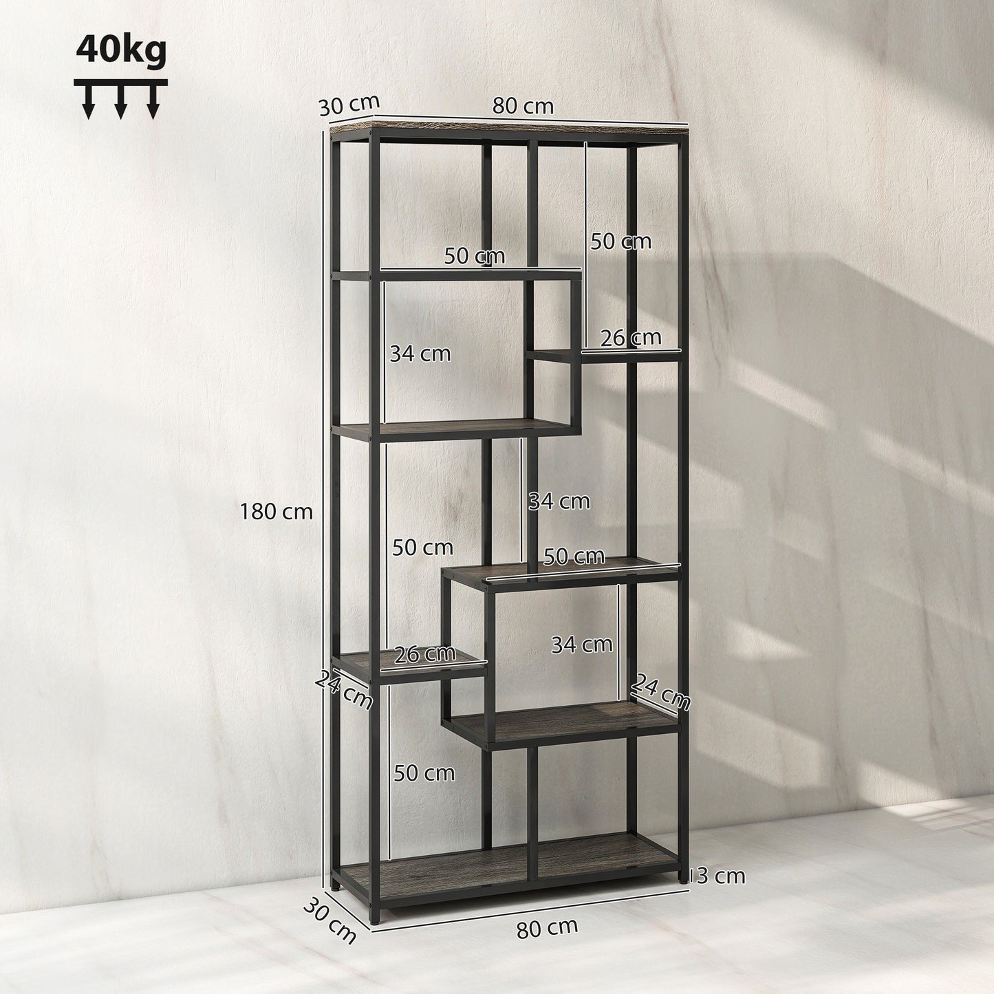 HOMCOM Seven Tier Geometric Bookcase Grey Black Metal Frame Bookshelf for Modern Home Decor