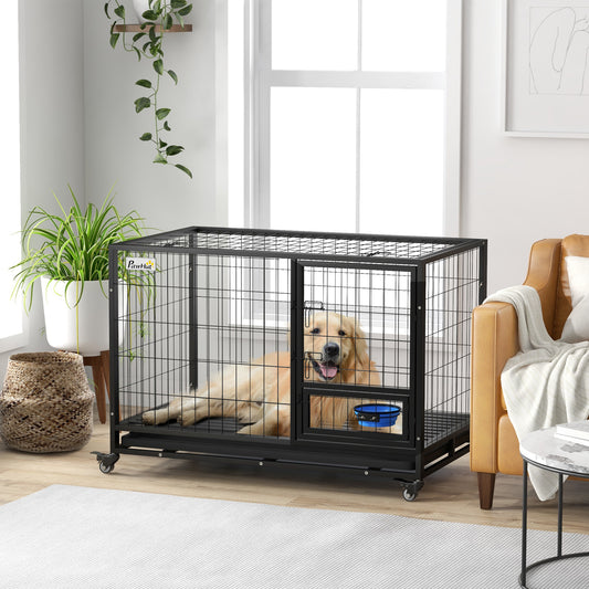 PawHut 48 Heavy Duty Dog Crate on Wheels with Bowl Holder Removable Tray Detachable Top Double Doors for Large XL Dogs - ALL4U RETAILER LTD