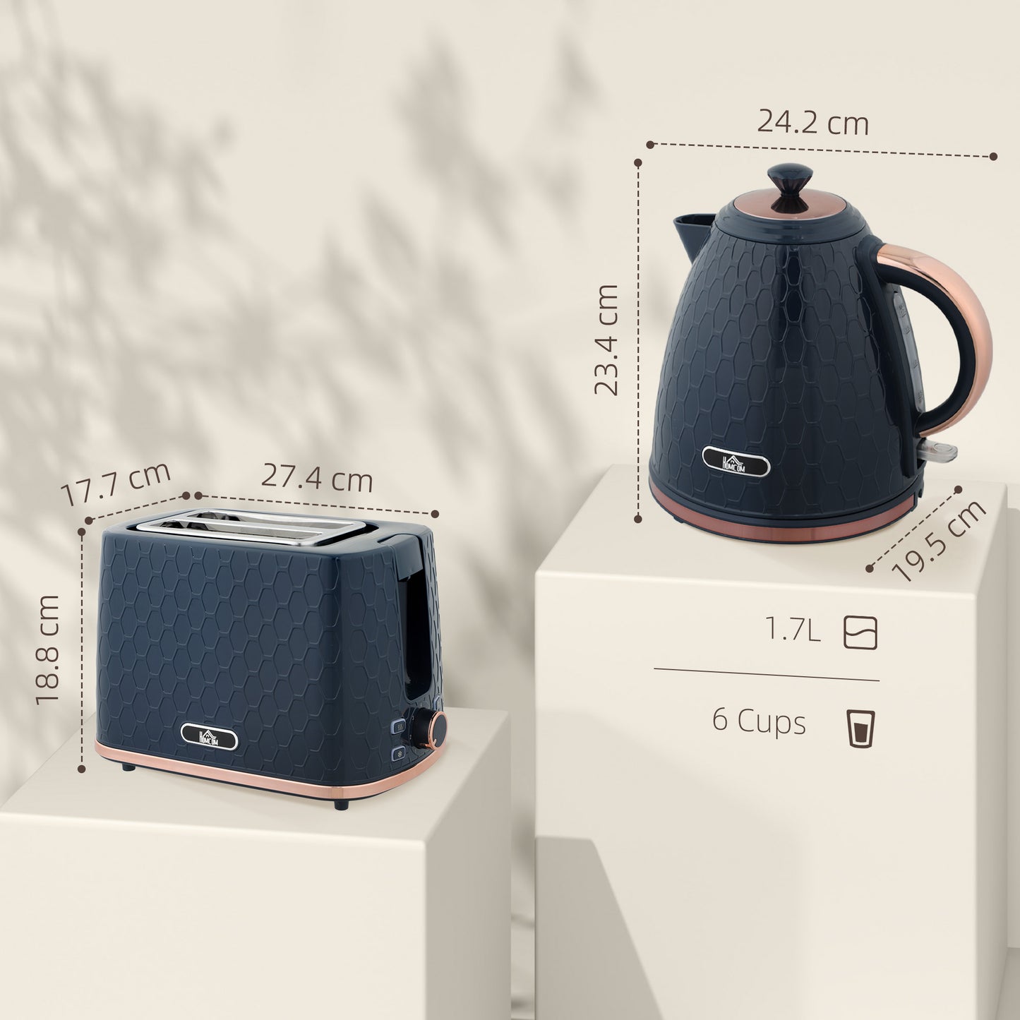 HOMCOM 1.7L 3000W Fast Boil Kettle And 2 Slice Toaster Set With Auto Shut Off And Browning Controls In Blue