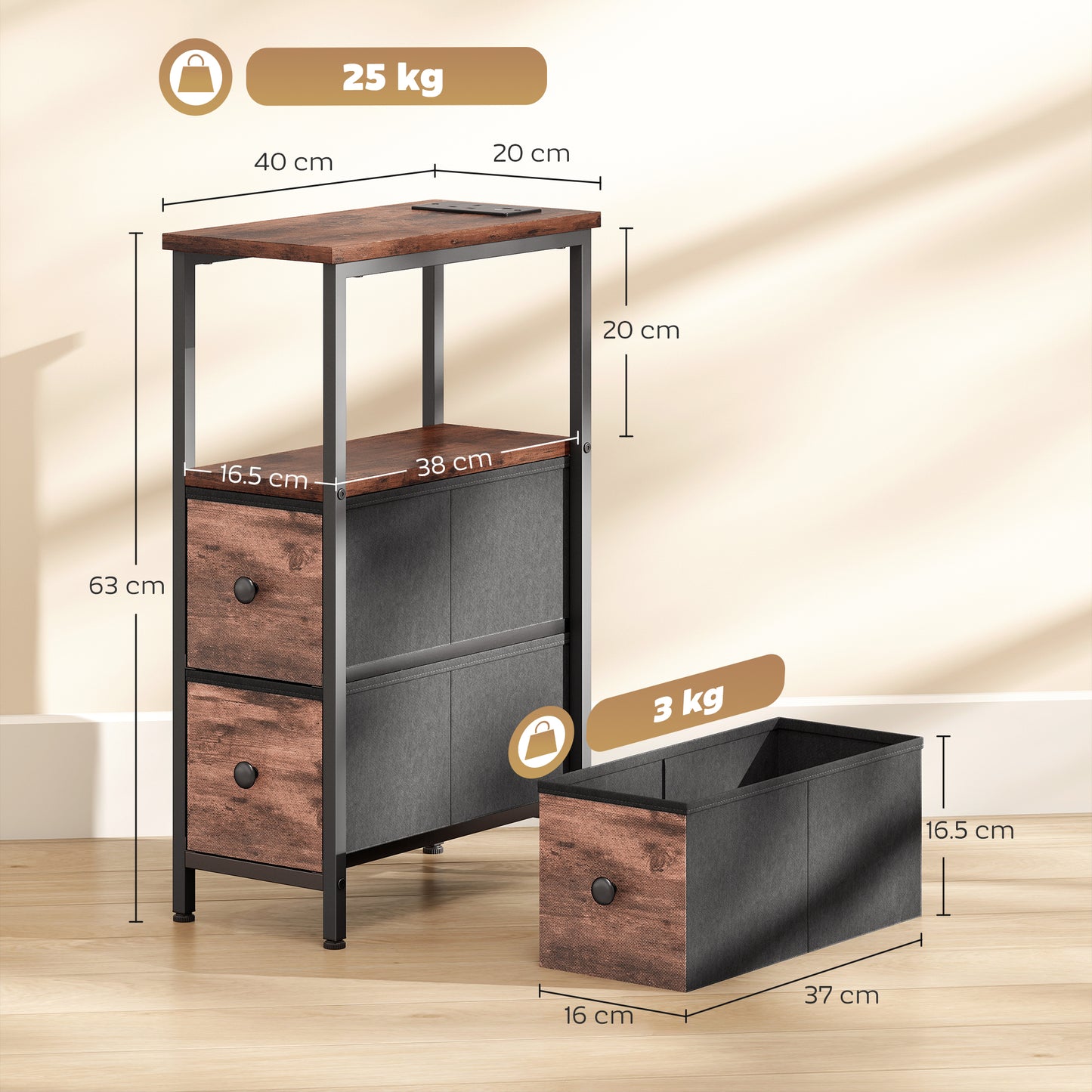 HOMCOM Narrow Bedside Table With Charging Station, 2 Drawers, AC Outlet, 2 USB Ports
