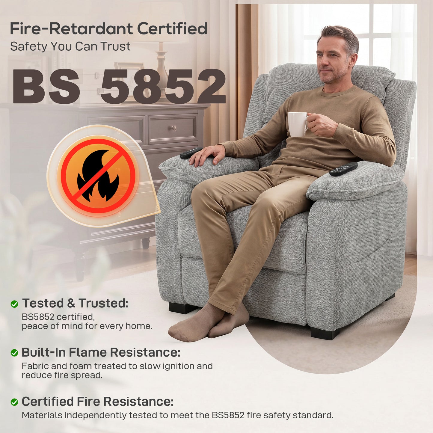 HOMCOM Power Recliner Armchair With Massage And Heat Electric Recliner Chair With Wide Spring Seat Light Grey