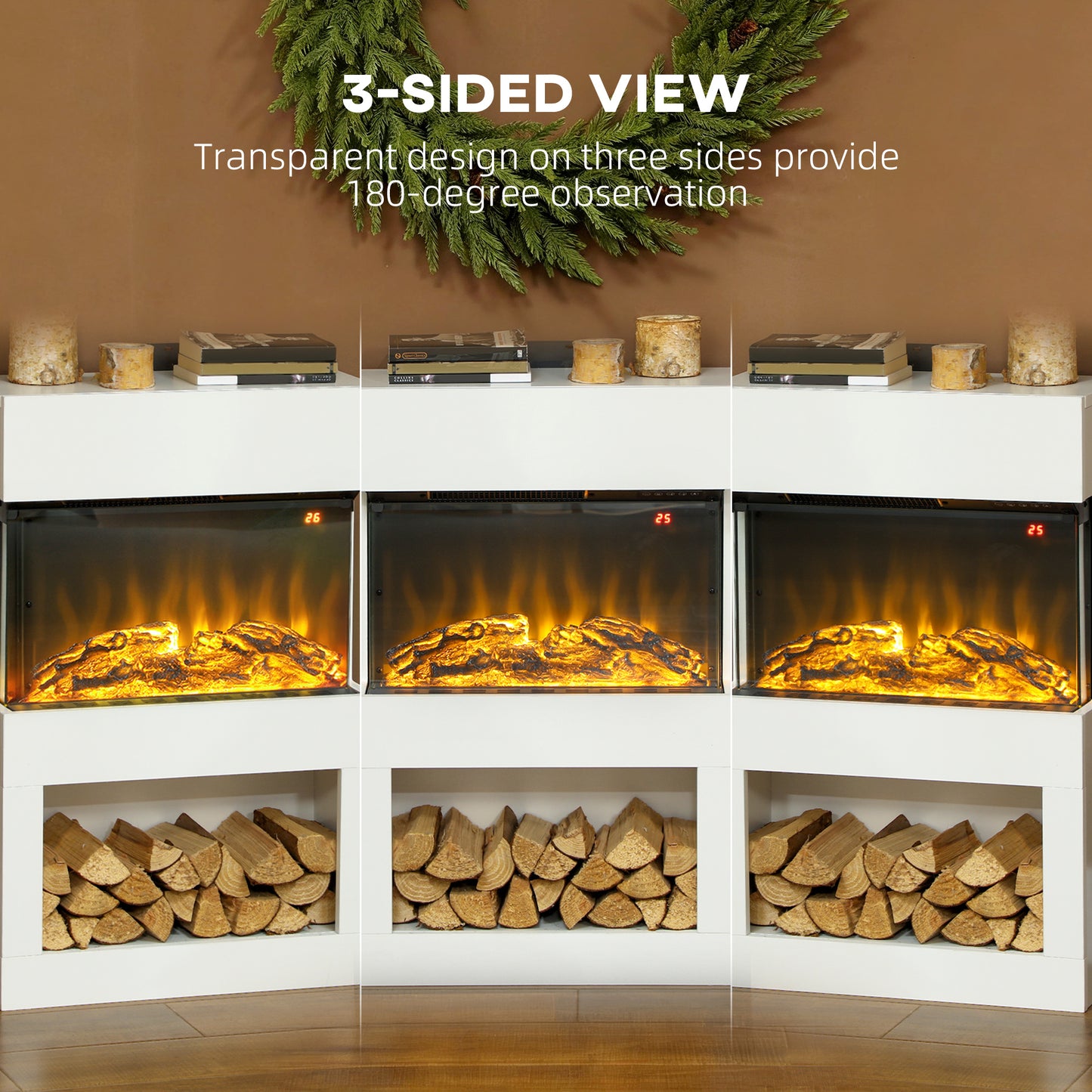 HOMCOM 19 Inch Electric Fireplace With Surround Mantel 3D Flame 1000W 2000W White Remote Timer 3 Sided View