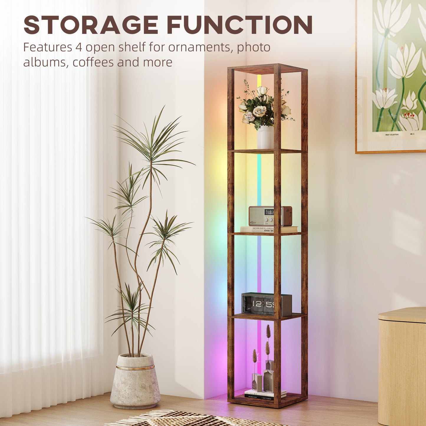 HOMCOM RGB LED Floor Lamp With Shelves, Modern Dimmable Standing Lamp With Remote Control Rustic Brown
