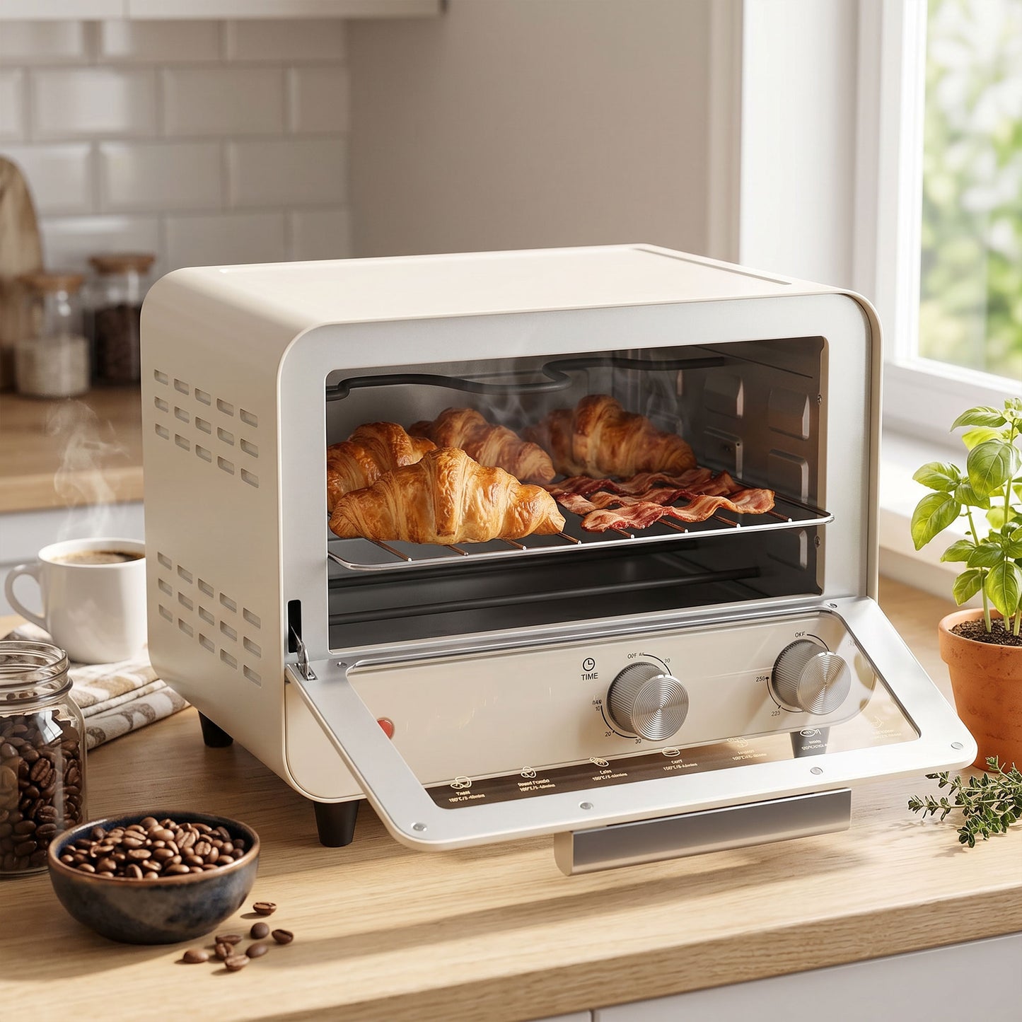 HOMCOM Mini Oven 12L Capacity Small Toaster Oven With Glass Door 750W Adjustable Temperature And Timer Cream White