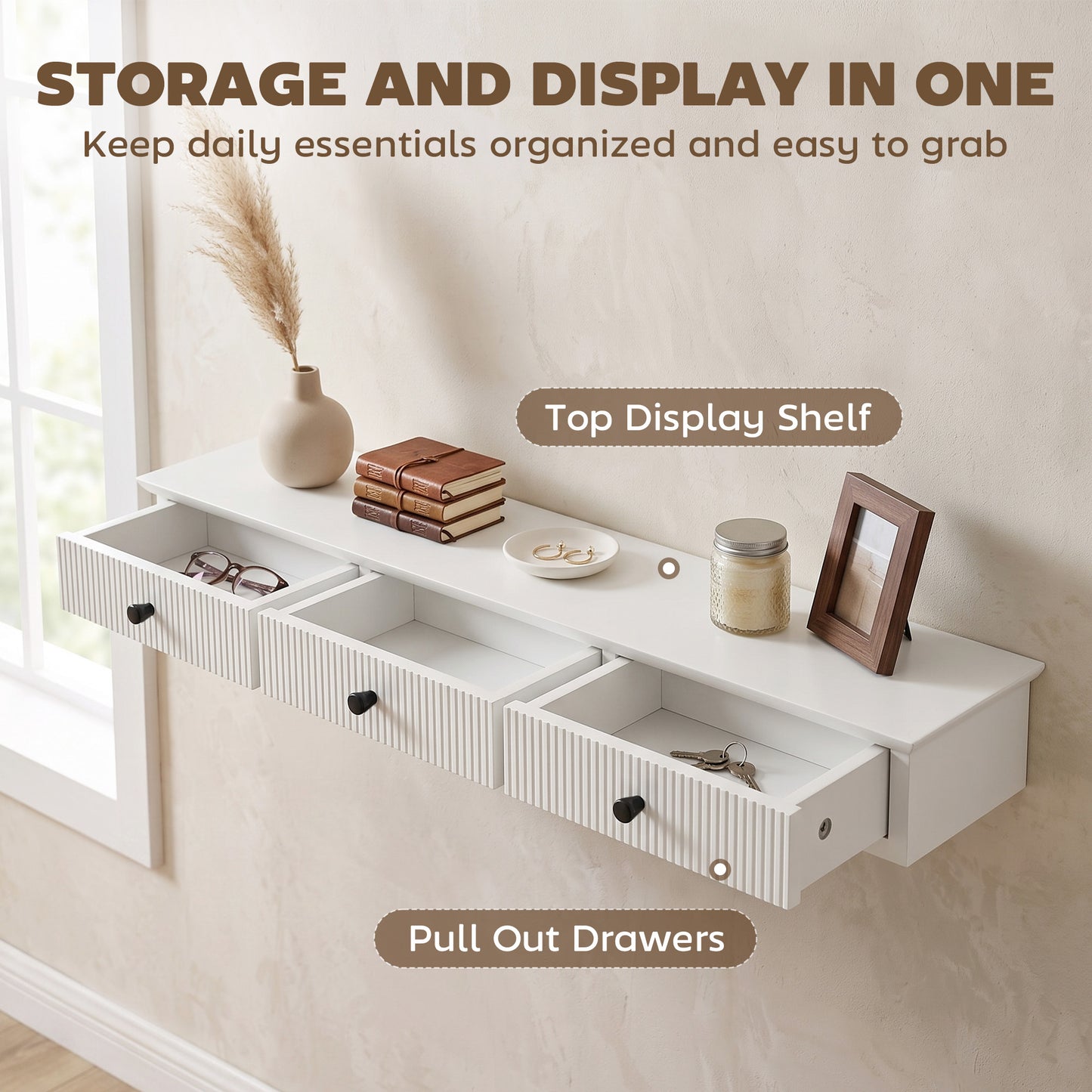 White Wall Mounted Storage Shelf Unit With Drawers MDF