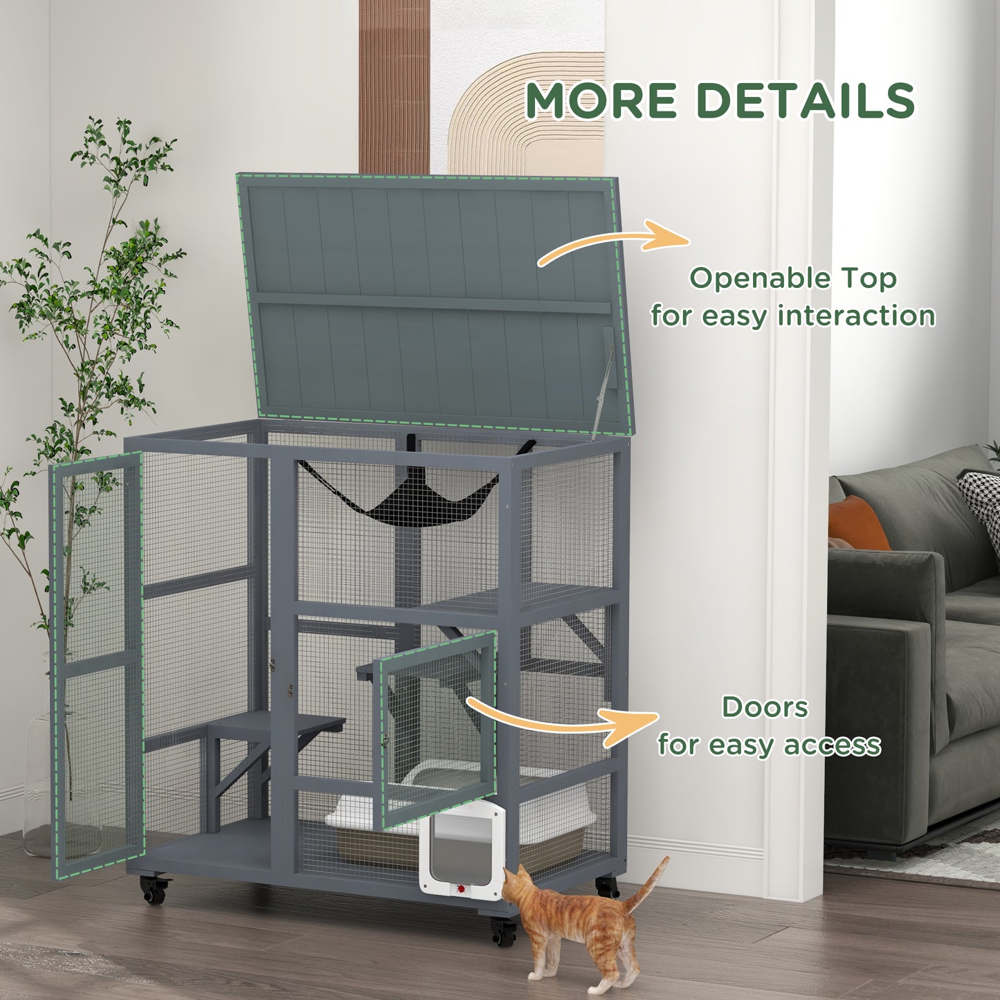 PawHut Light Grey Cat Enclosure with Wheels, Weather-Resistant Wooden Catio, Spacious Indoor Kitty House with Platforms and Hammock - 100L x 60W x 110Hcm