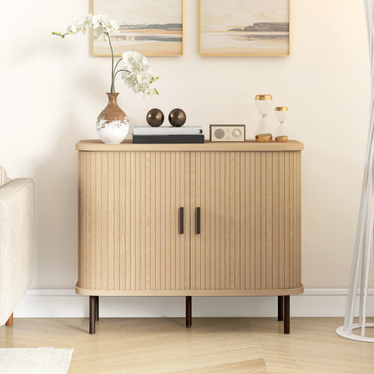 HOMCOM Mid Century Modern Sideboard Storage Cabinet With Slatted Tambour Sliding Doors Oak Tone