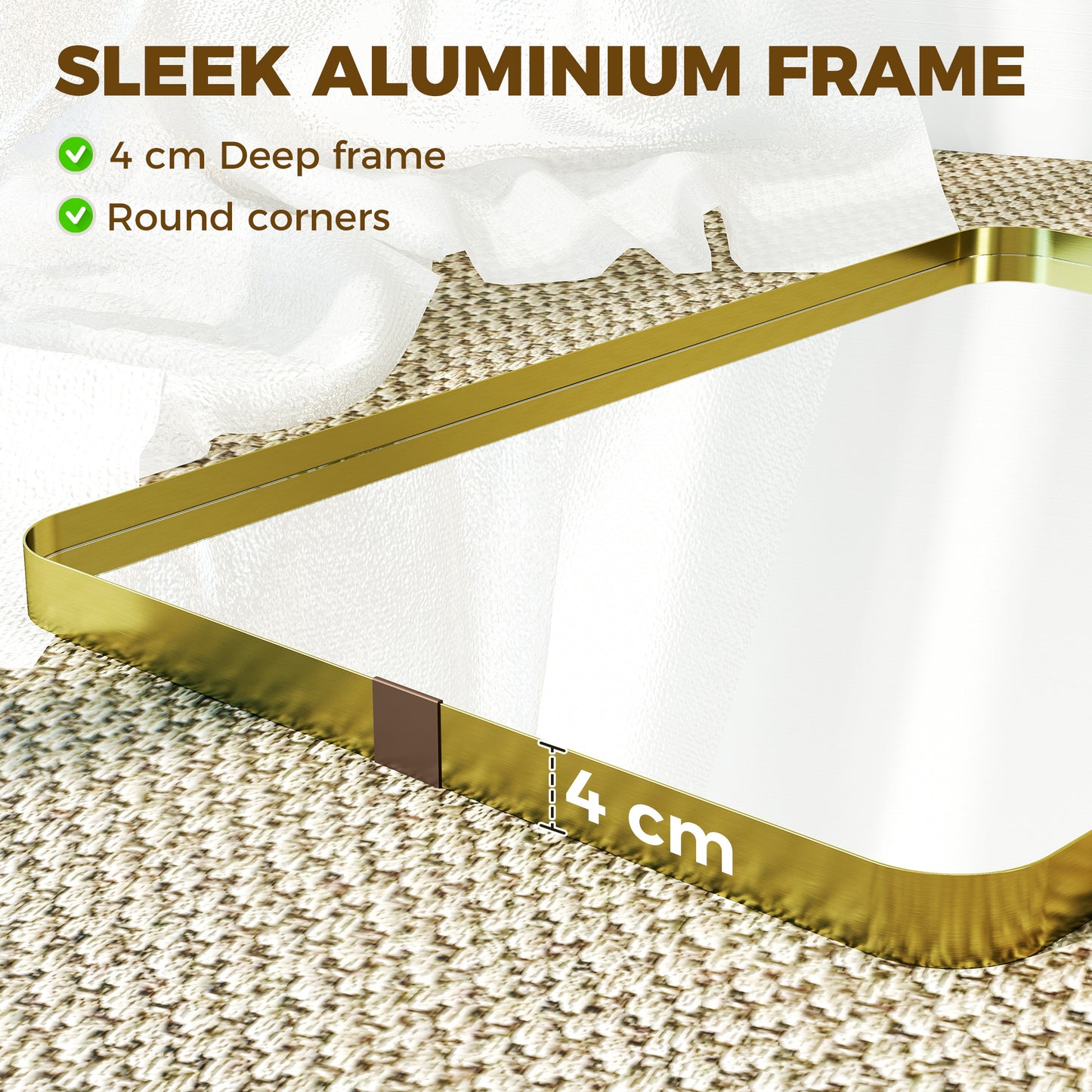 HOMCOM Rectangular Wall Mirror 90 X 60 Cm With Aluminium Alloy Frame And Tempered Glass Gold Tone