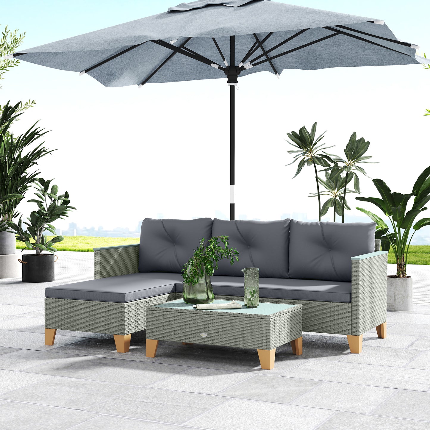 Outsunny 3 Piece Rattan Garden Furniture Set L Shaped Sofa Chaise Lounge With Wood Top Coffee Table Charcoal Grey