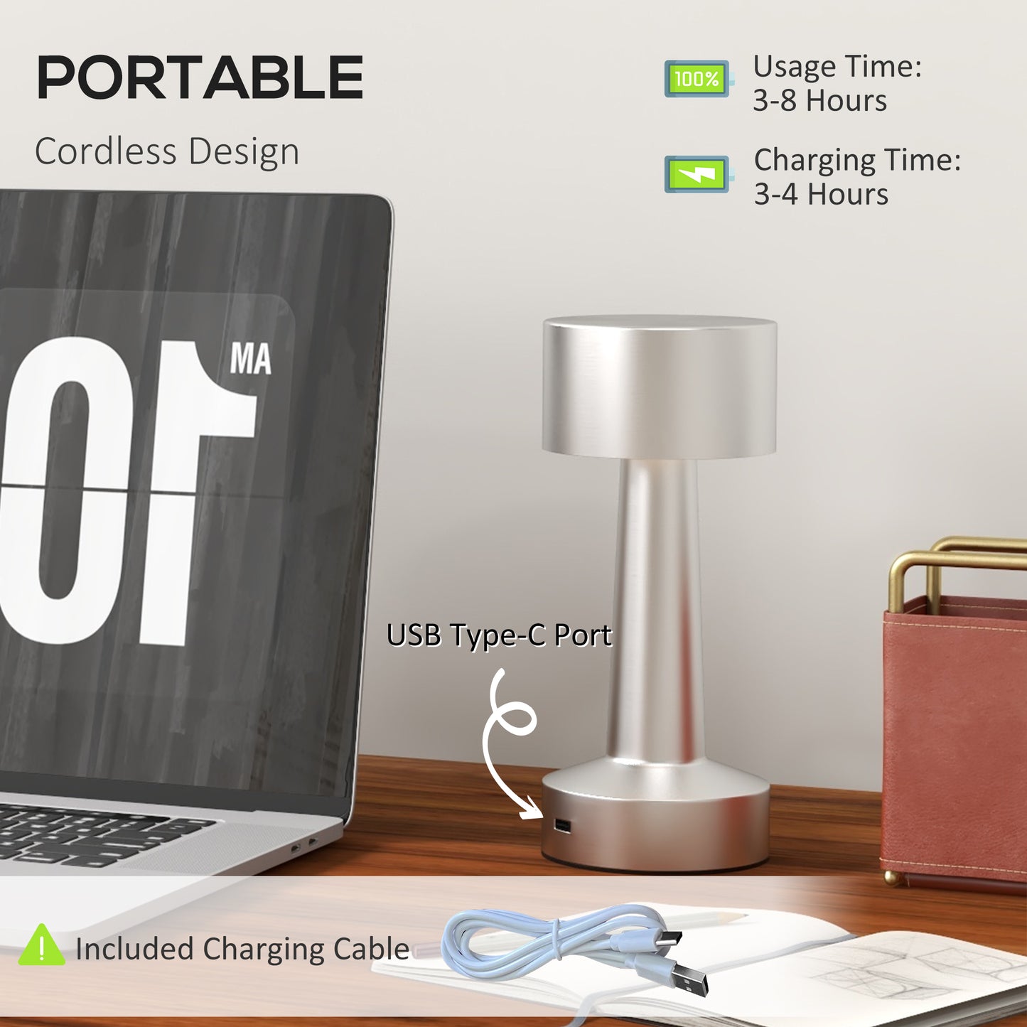 HOMCOM Cordless Table Lamp With Rechargeable Battery, Touch LED Desk Lamp 3 Colour Lighting, USB-C Port, Portable Silver