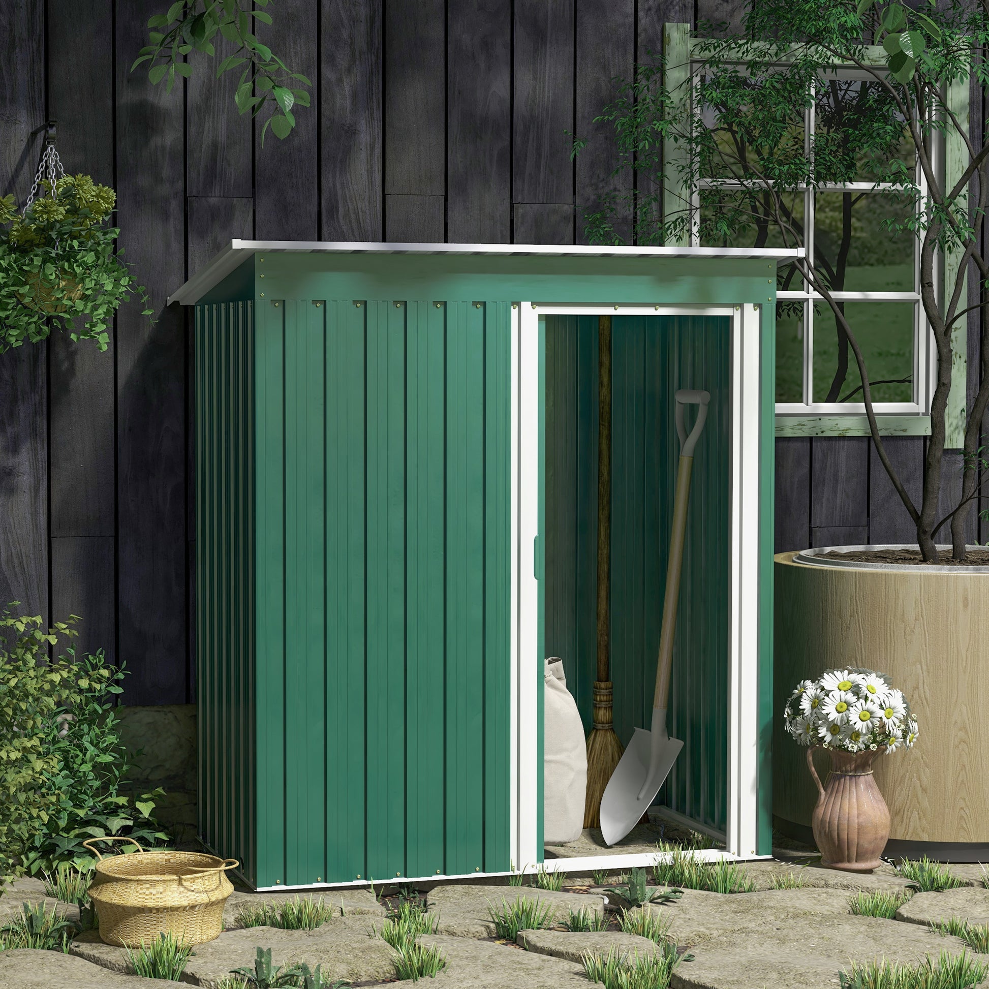 Outsunny 5 x 3ft Outdoor Tool Storage Shed with Sliding Door and Sloped Roof, Green - ALL4U RETAILER LTD