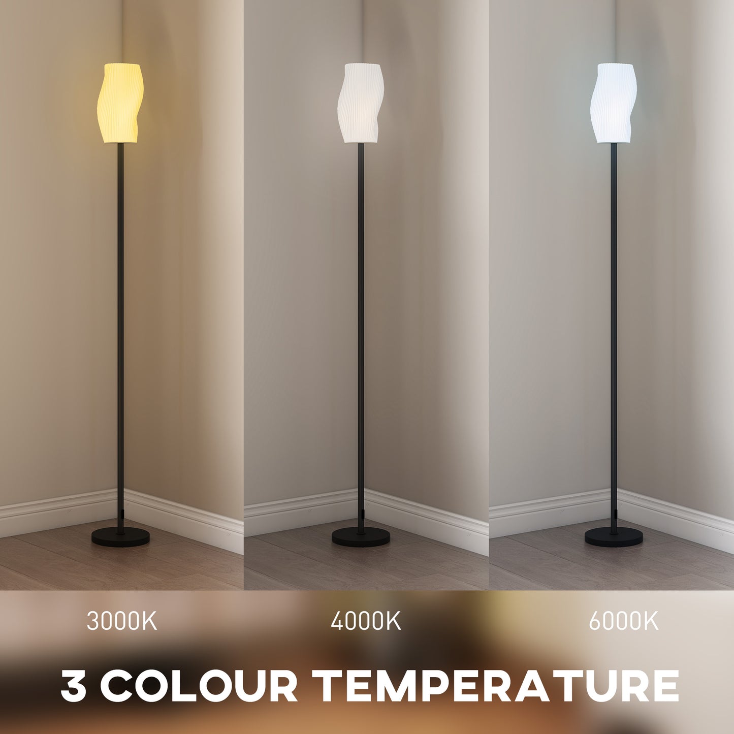 HOMCOM White Floor Lamp Modern 3D Printed Shade With Flowing Curves 3 Color Temperatures Foot Switch Living Room