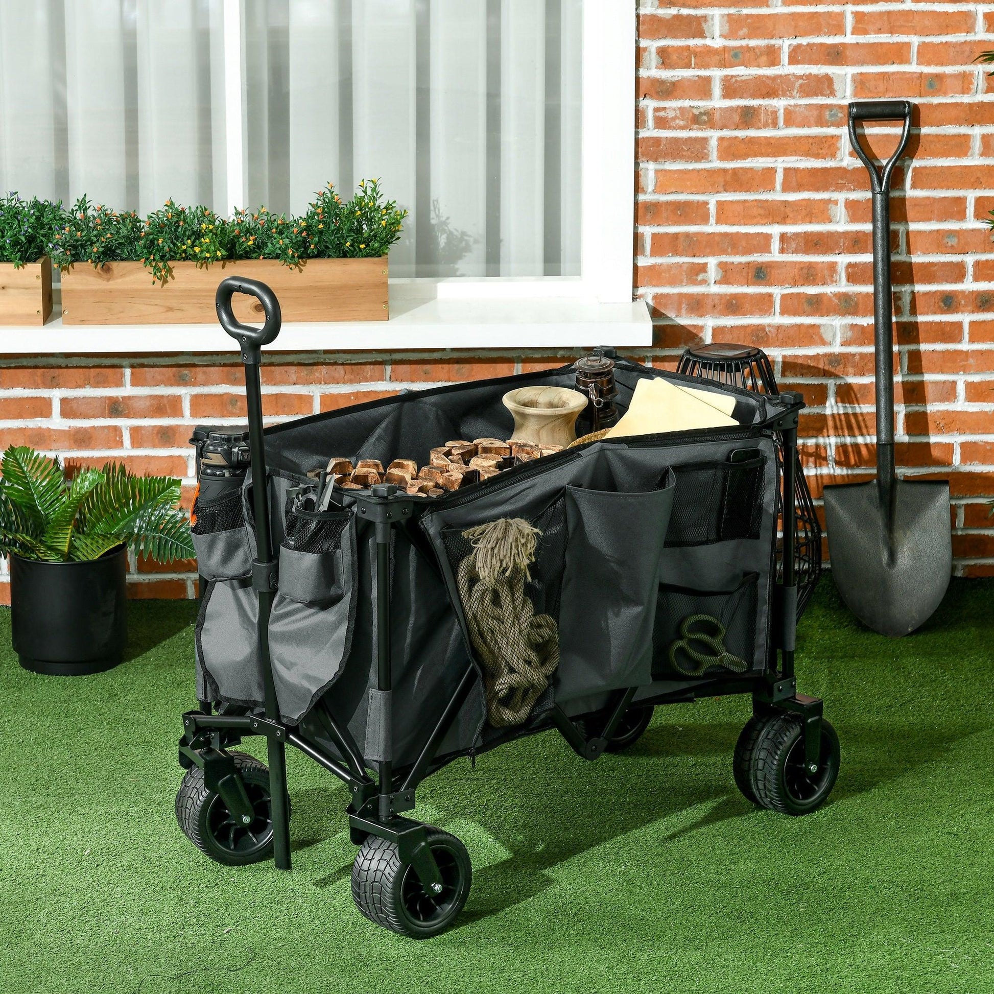 Outsunny Folding Wagon Garten Cart Collapsible Camping Trolley on Wheels, Grey - ALL4U RETAILER LTD