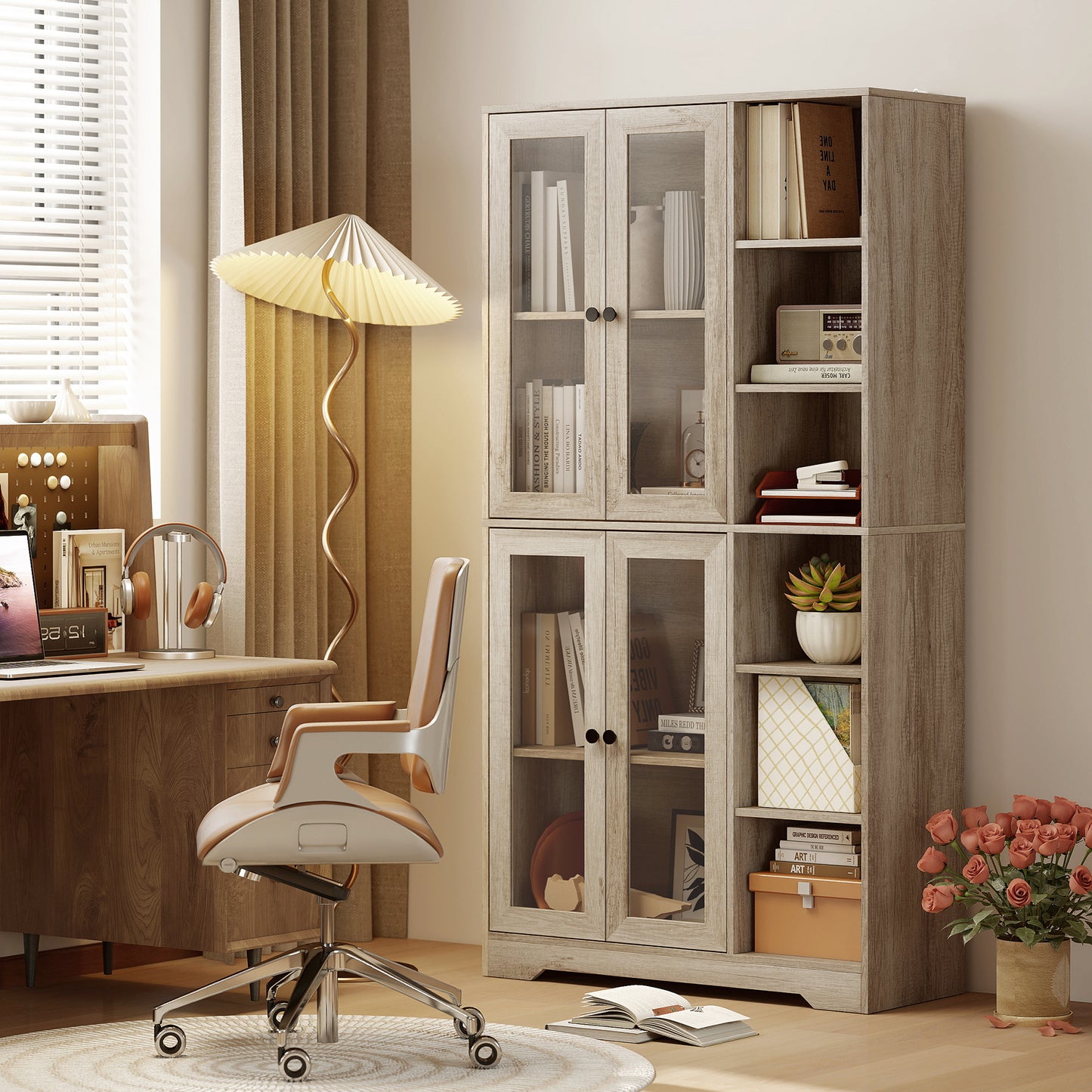 Homcom Multi Storage Kitchen Cabinet With Glass Doors Grey Wood Effect Soft Close Hinges Adjustable Shelves