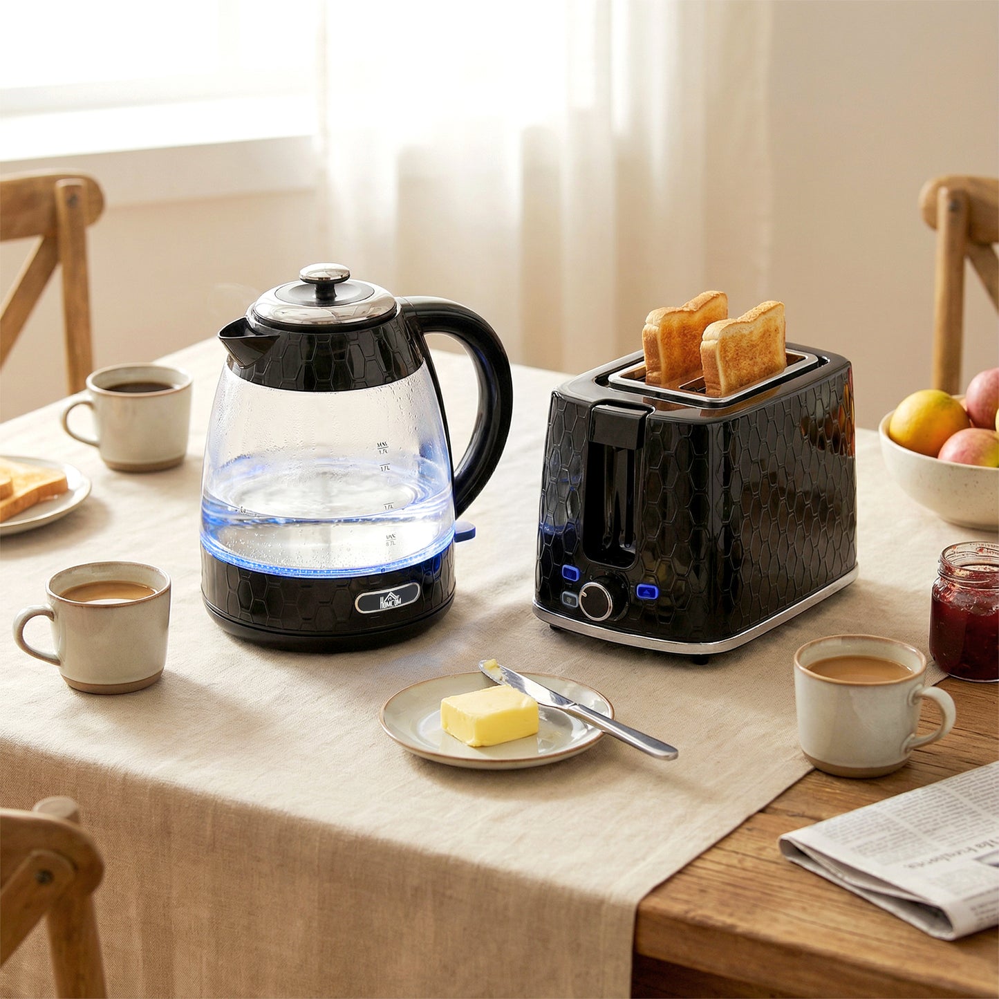 HOMCOM Kettle And Toaster Set 1.7L 3000W Kettle With Limescale Filter 2 Slice Toaster With 7 Browning Settings Black