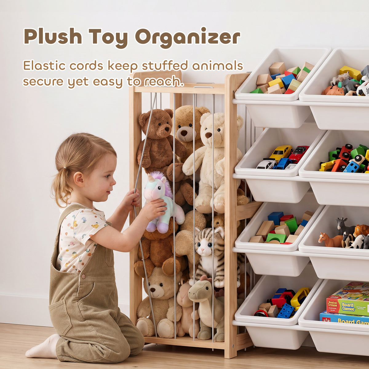 AIYAPLAY plush toy organizer unit with open shelves and white bin compartments