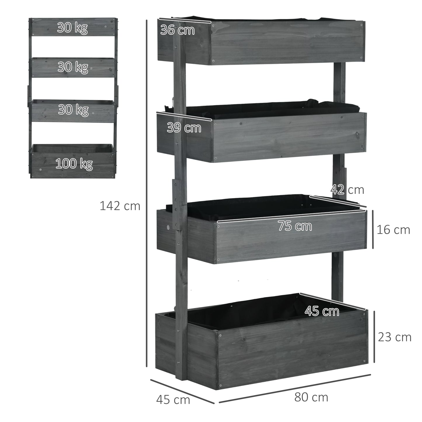 Outsunny Four Tier Wooden Plant Stand With Four Planter Boxes Grey Fir Wood Weather Resistant Garden Decor
