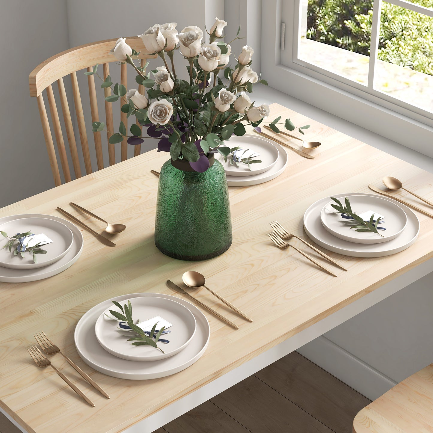 HOMCOM Farmhouse Dining Table and Bench Set with Pine Wood Frame Natural and White Finish for Kitchen and Dining Room