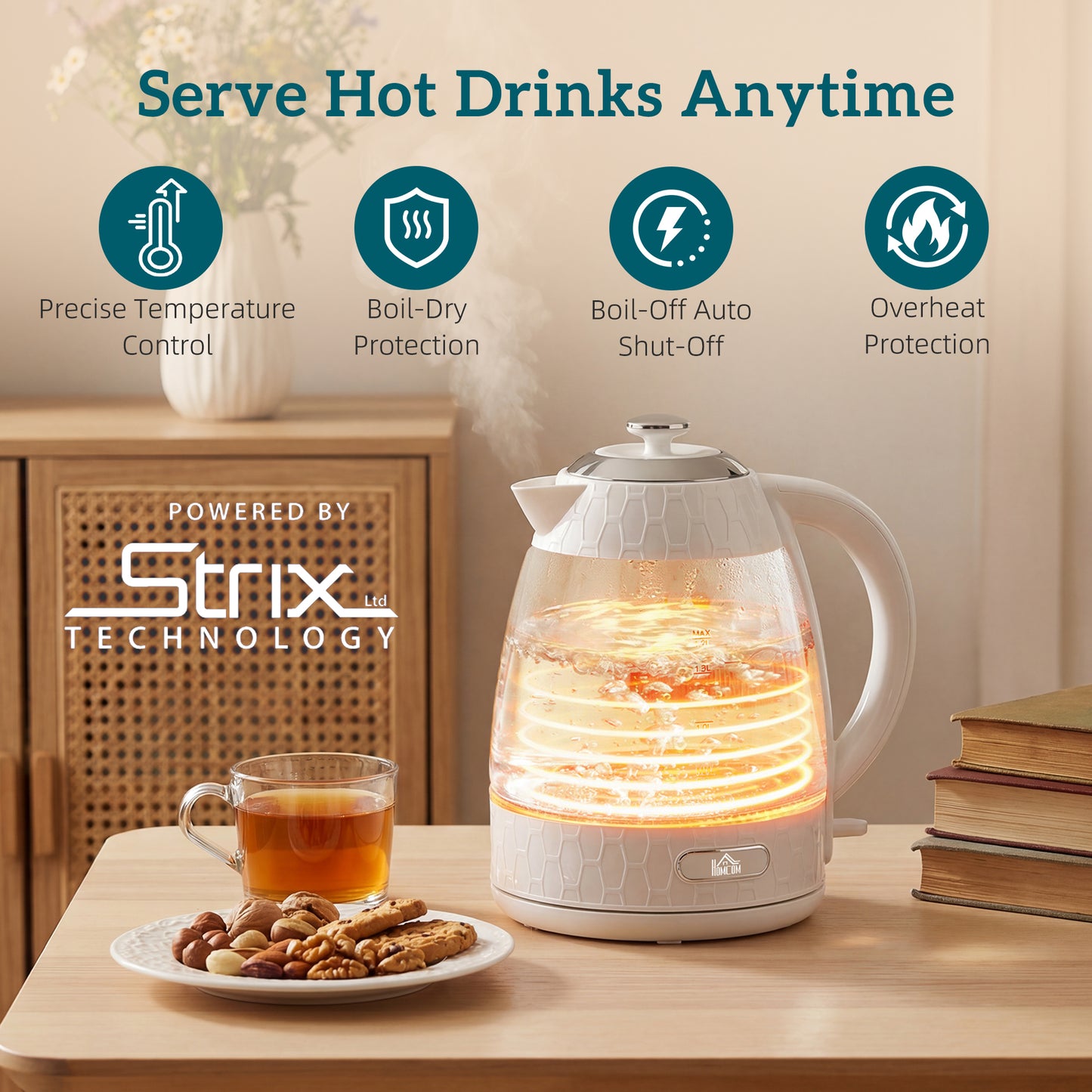 HOMCOM Kettle and Toaster Set 3000W Rapid Kettle With Strix Thermostat 4 Slice Toaster 7 Browning Controls Cream