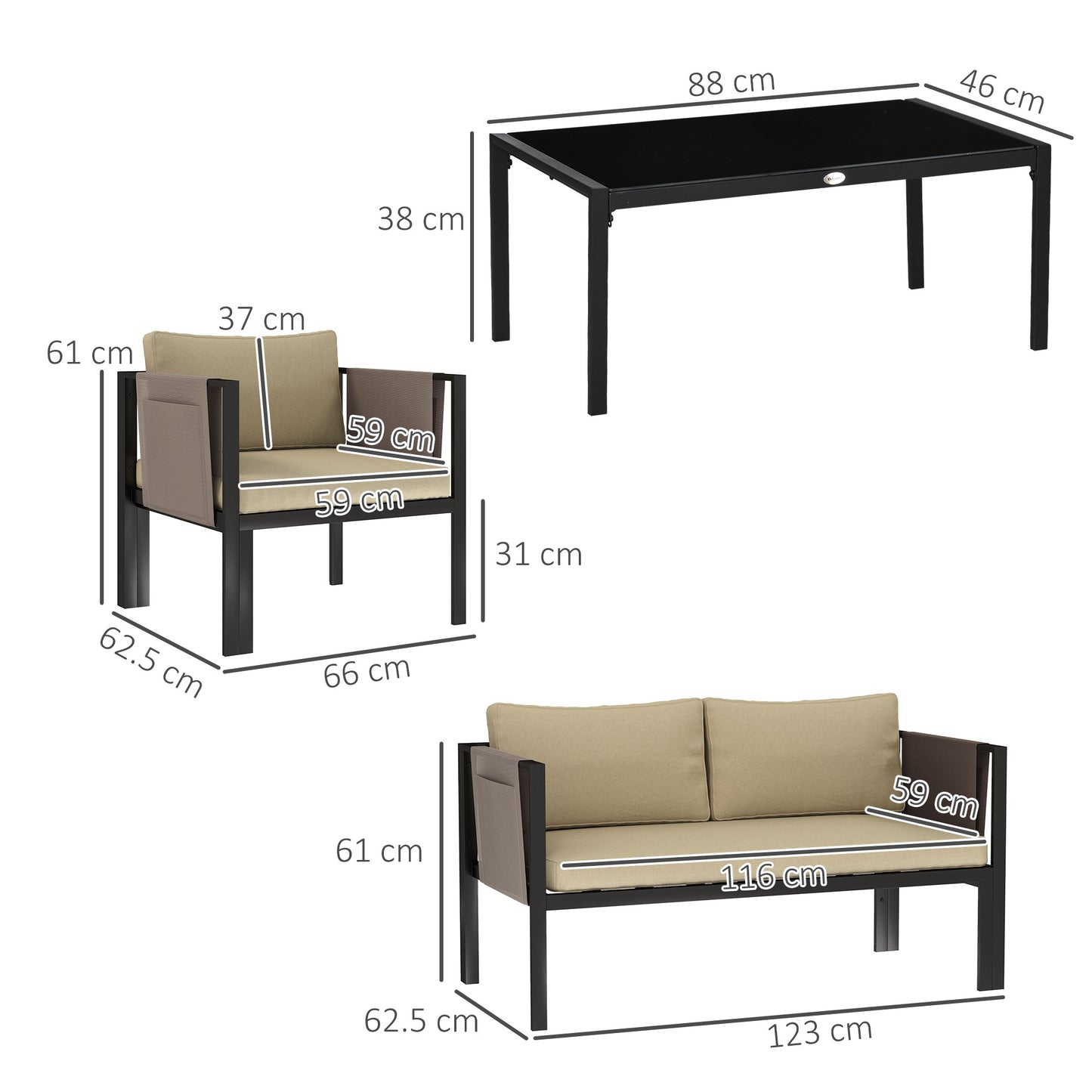 Outsunny 4 Piece Metal Garden Furniture Set With Tempered Glass Coffee Table And Cushioned Armchairs Khaki Outdoor