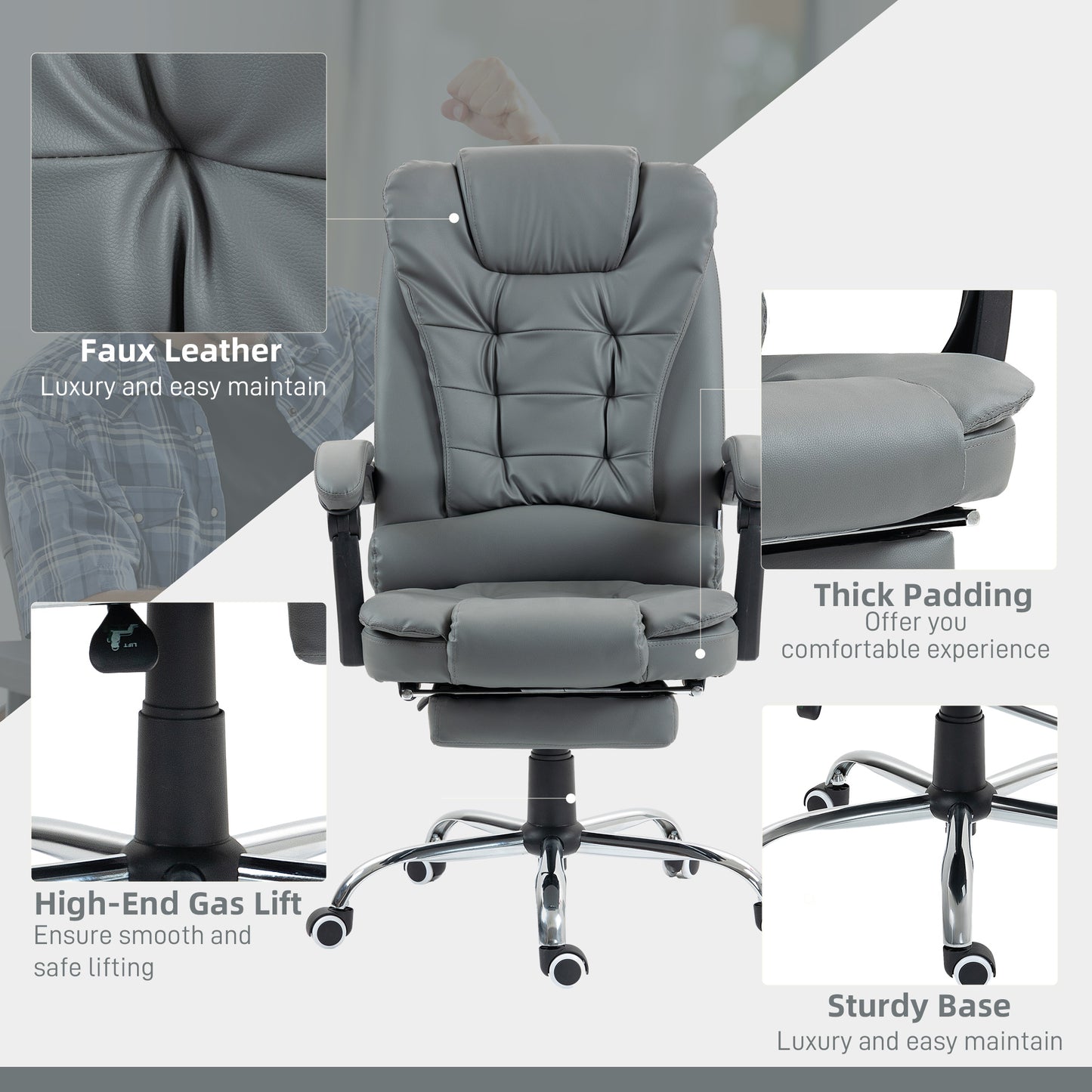 HOMCOM Ergonomic PU Leather Office Chair with Adjustable Features, Swivel Wheels, and Retractable Footrest - Grey - ALL4U RETAILER LTD