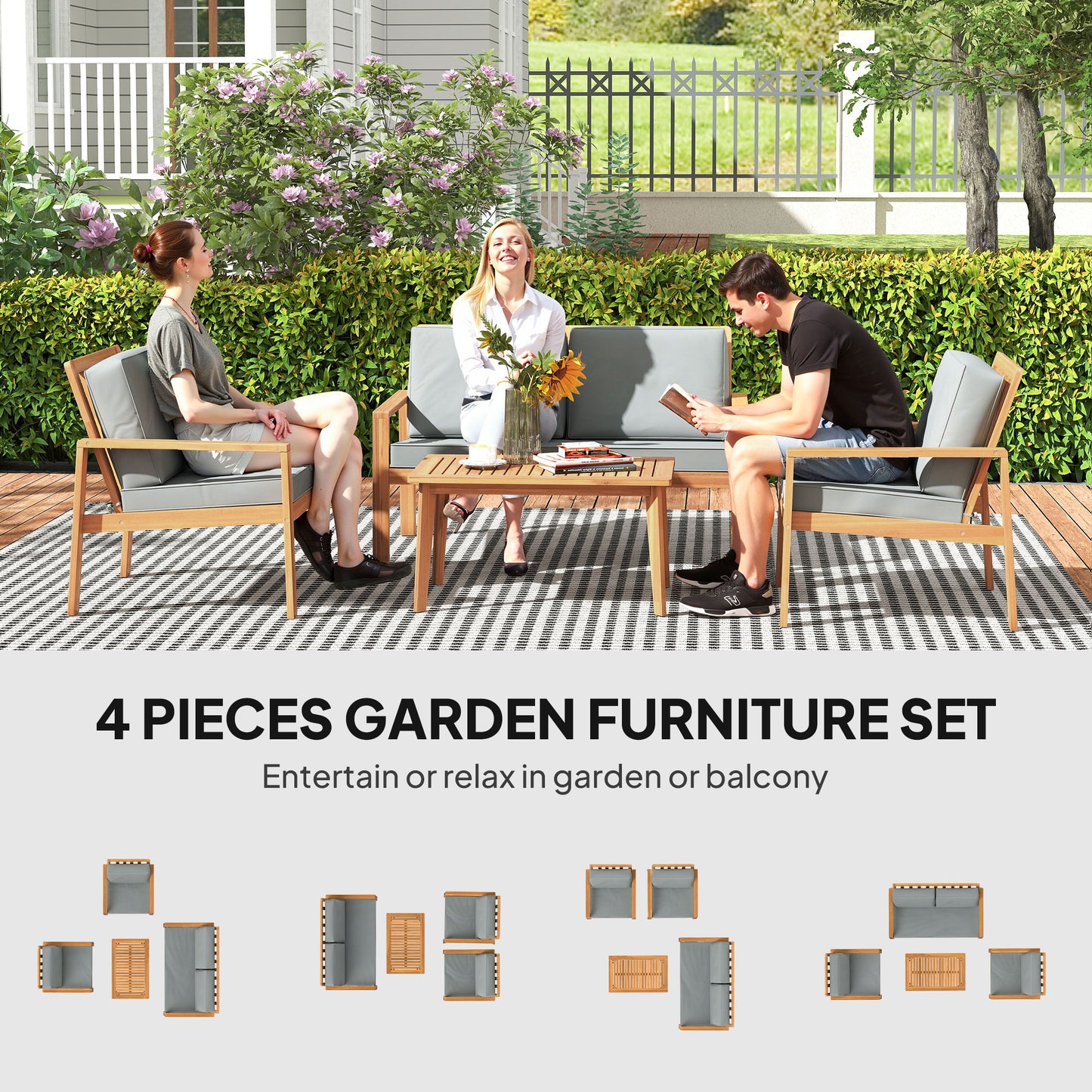 Outsunny 4 Piece Wooden Garden Furniture Set With Cushions Acacia Wood Patio Table And Loveseat Armchairs