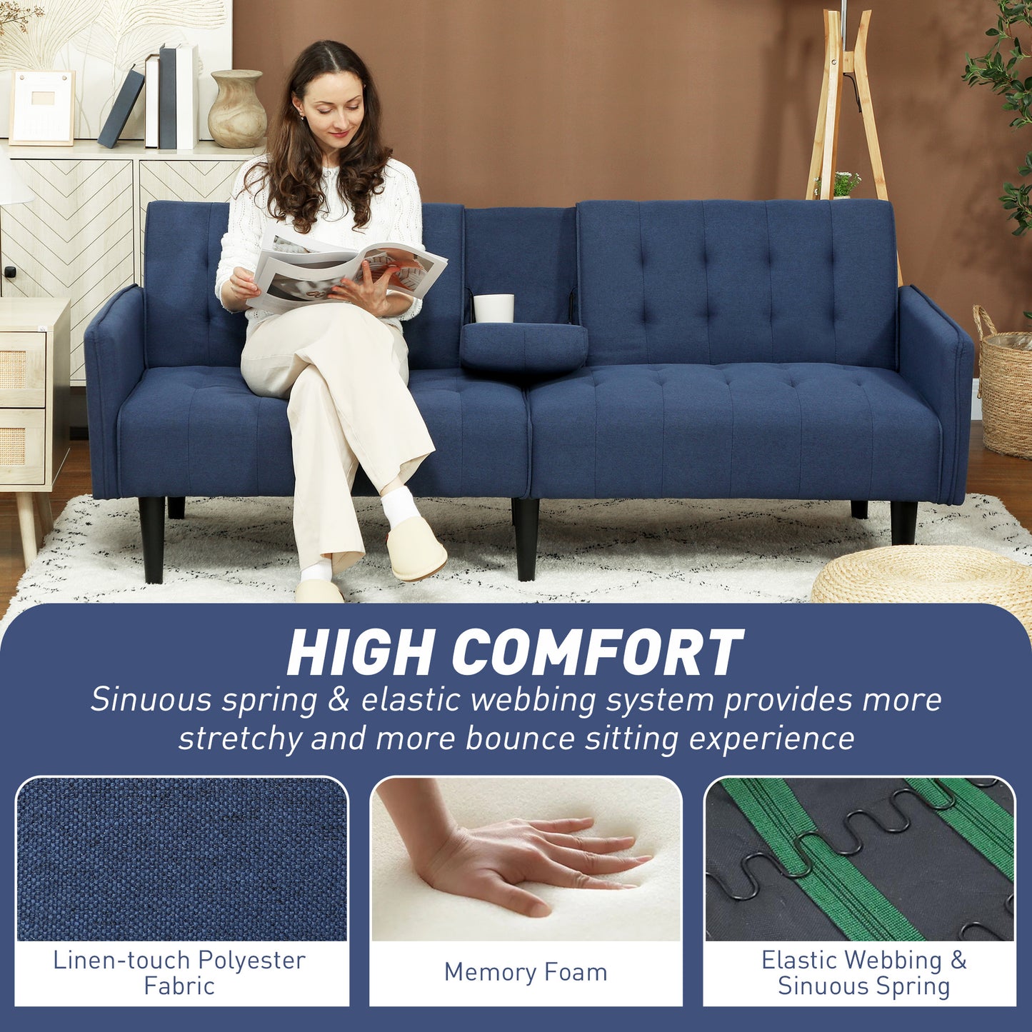 HOMCOM Three Seater Sofa Bed With Cupholders Dark Blue For Small Living Rooms And Guest Rooms