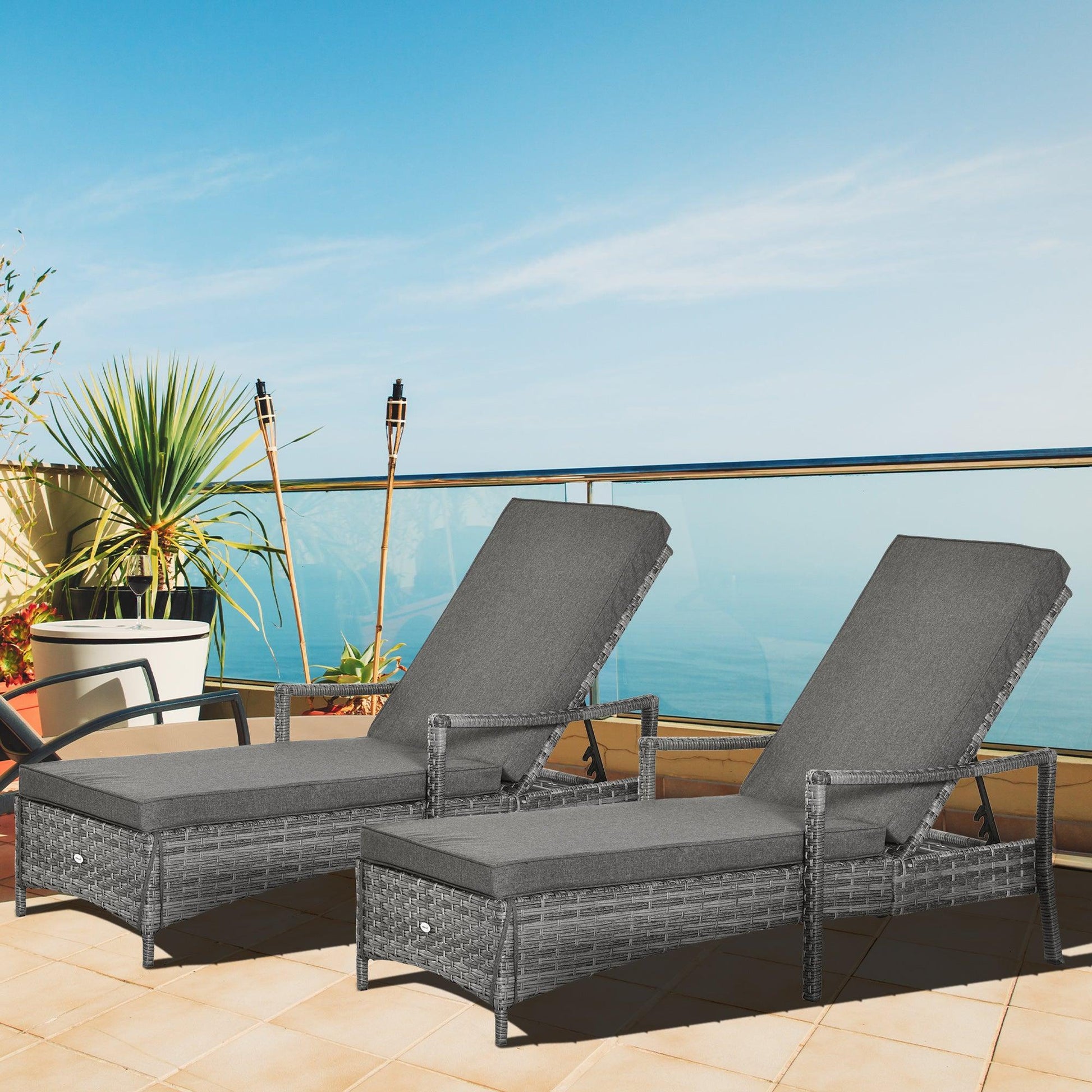 Outsunny Rattan Sun Loungers set of 2 w/ Cushion & 4-Level Recliner Furniture - ALL4U RETAILER LTD