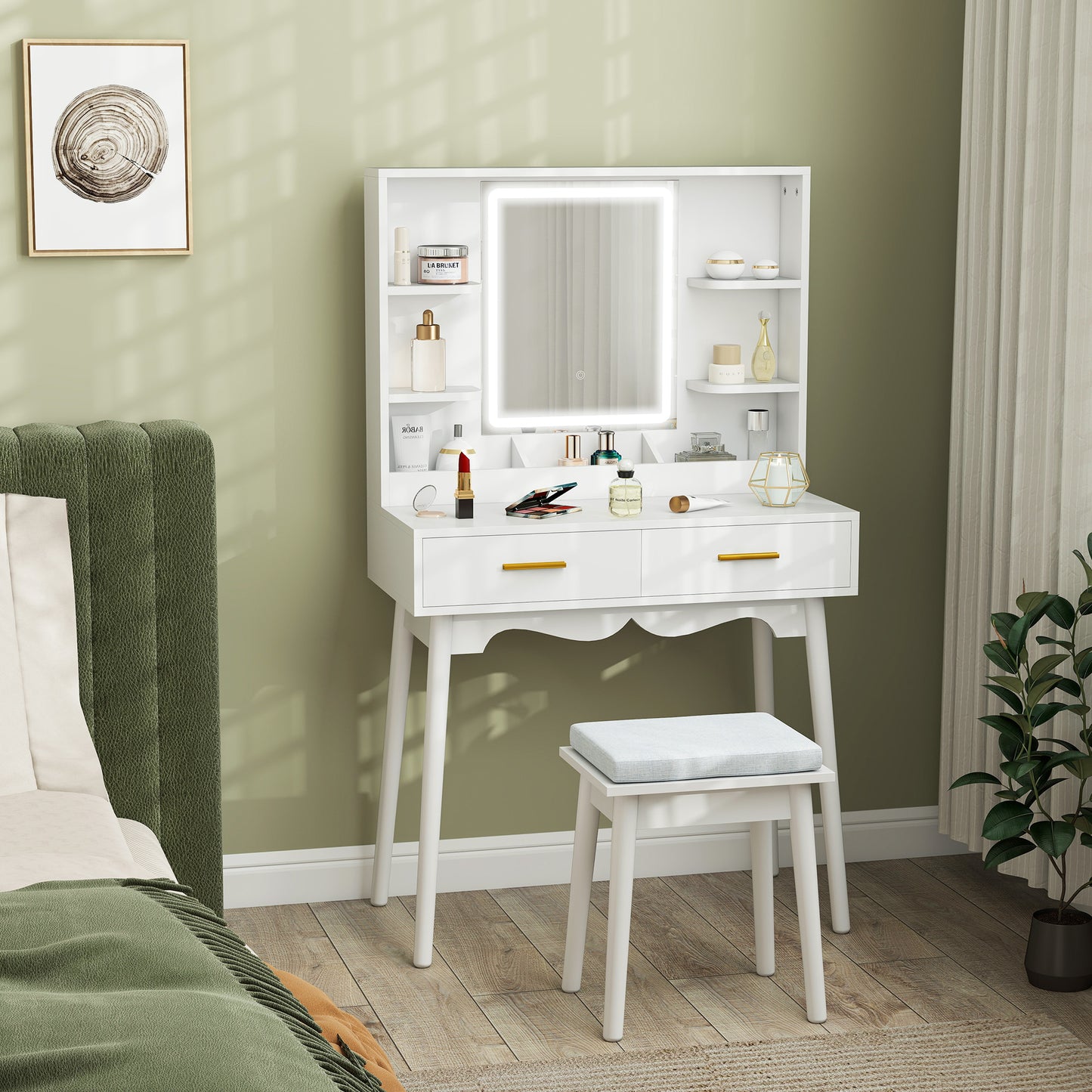 HOMCOM Elegant Dressing Table With LED Mirror And Adjustable Color Temperature White Finish