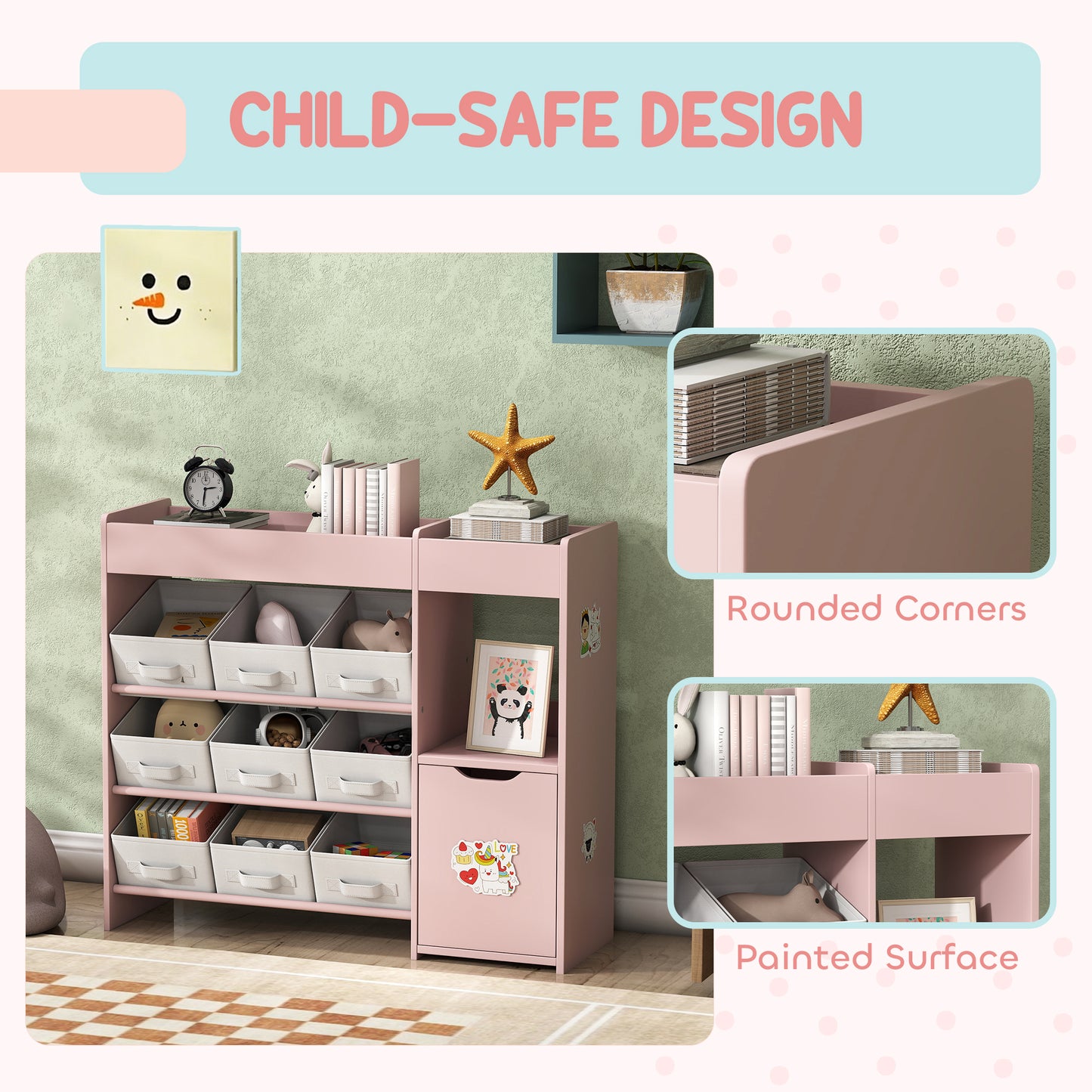 AIYAPLAY Kids Toy Storage With 9 Removable Fabric Bins Wooden Storage Unit For Toys And Books Pink Nursery Bedroom