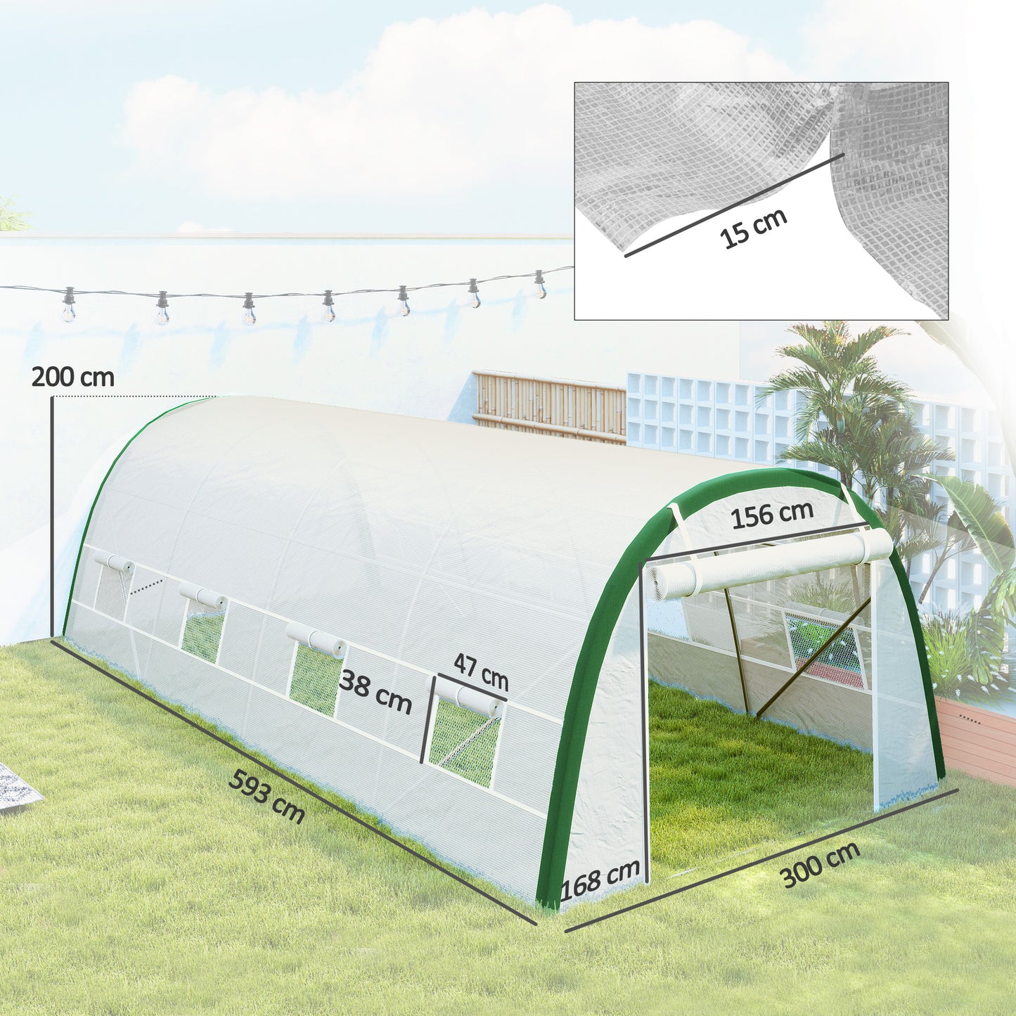 Outsunny Walk In Polytunnel Greenhouse 6 x 3 m With Zipped Doors 8 Mesh Windows PE Cover White